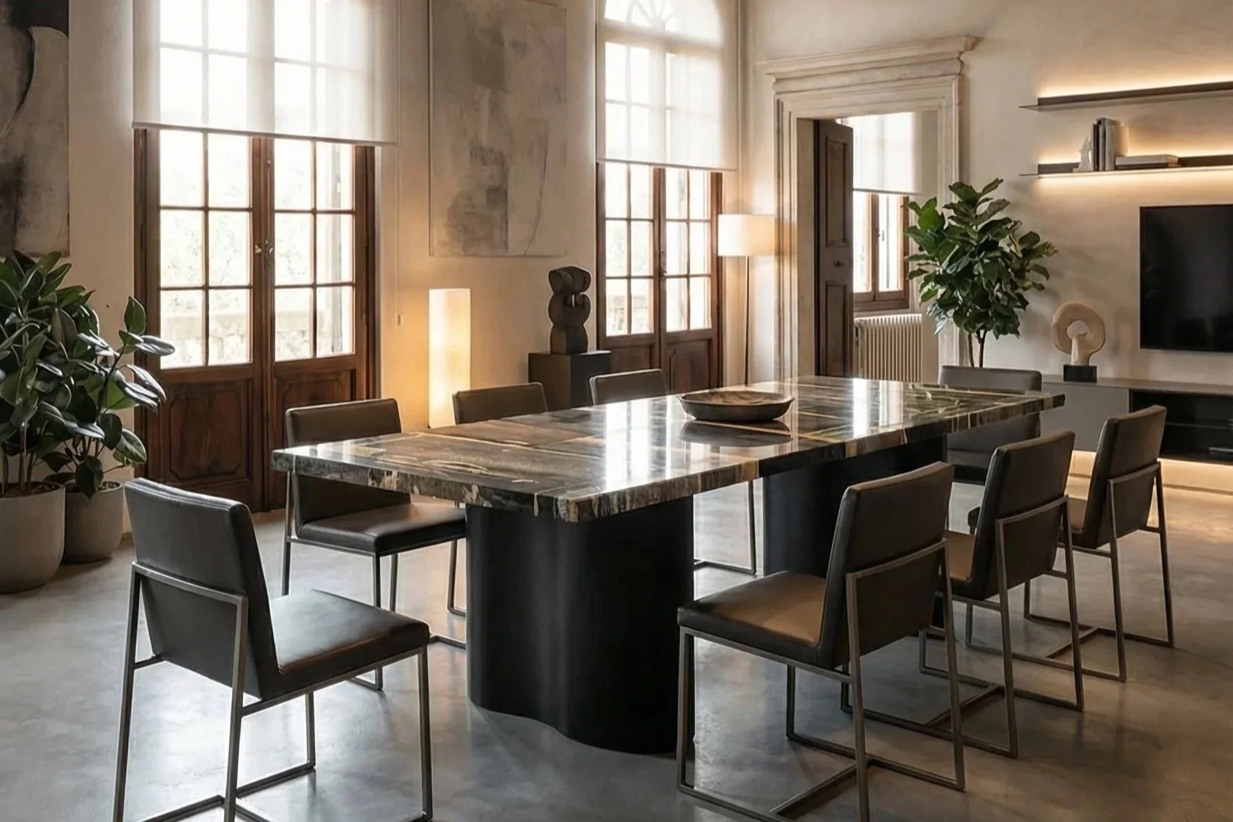 Sala da pranzo elegante con tavolo in marmo e sedie nere, grandi finestre con persiane di legno, piante verdi, lampade a terra e decorazioni moderne.