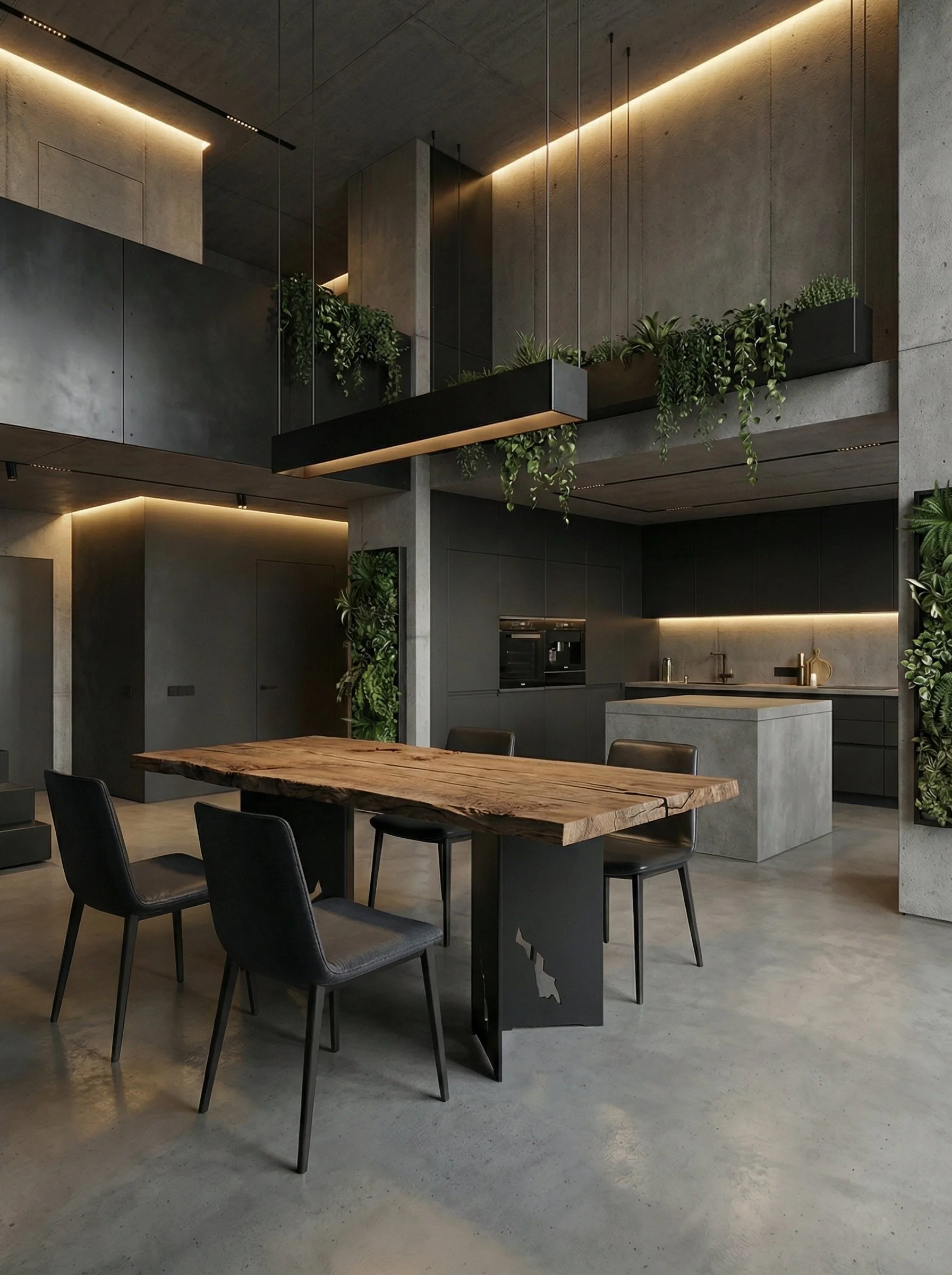 Interno moderno con cucina e zona pranzo, tavolo in legno con cinque sedie nere, pareti e soffitto in cemento, piante verdi in vasi neri sospesi e a parete, illuminazione a LED caldo, architettura open space con secondo livello