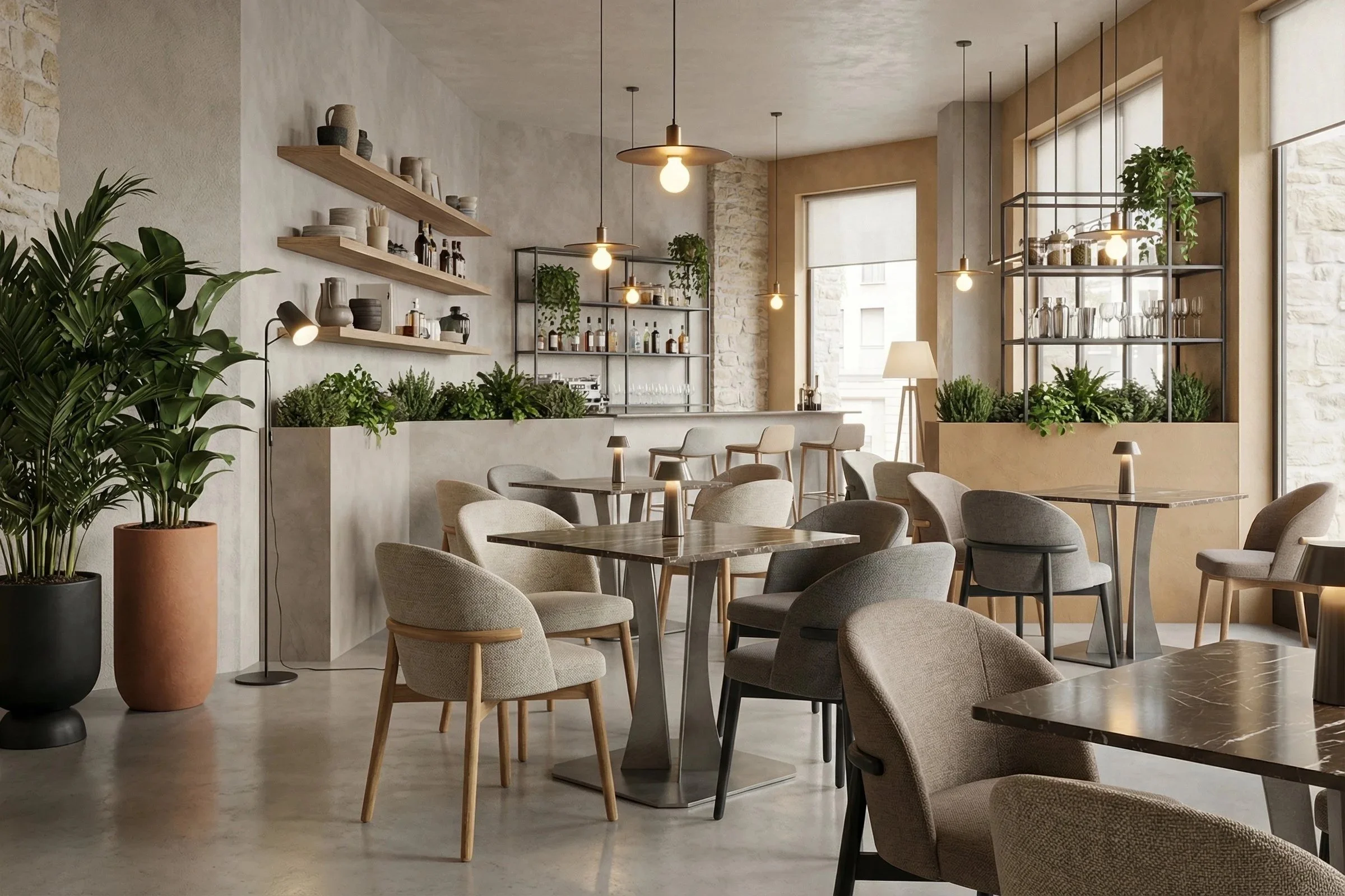 Interno di un ristorante con tavoli, sedie in tonalità neutre, piante verdi, scaffali con bicchieri e decorazioni, illuminazione calda e grandi finestroni con tende beige.