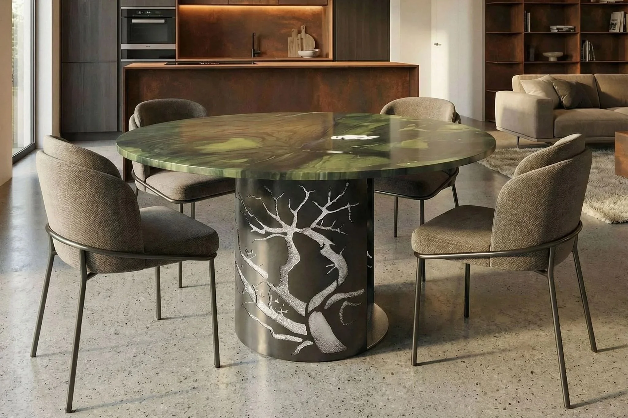 Una sala da pranzo moderna con un tavolo rotondo in marmo verde e sei sedie imbottite intorno. Sul tavolo si trova una base decorativa con un albero stilizzato in bianco e nero. Sullo sfondo, una zona living con divani beige, scaffali di legno e una parete con cucina incorporata.