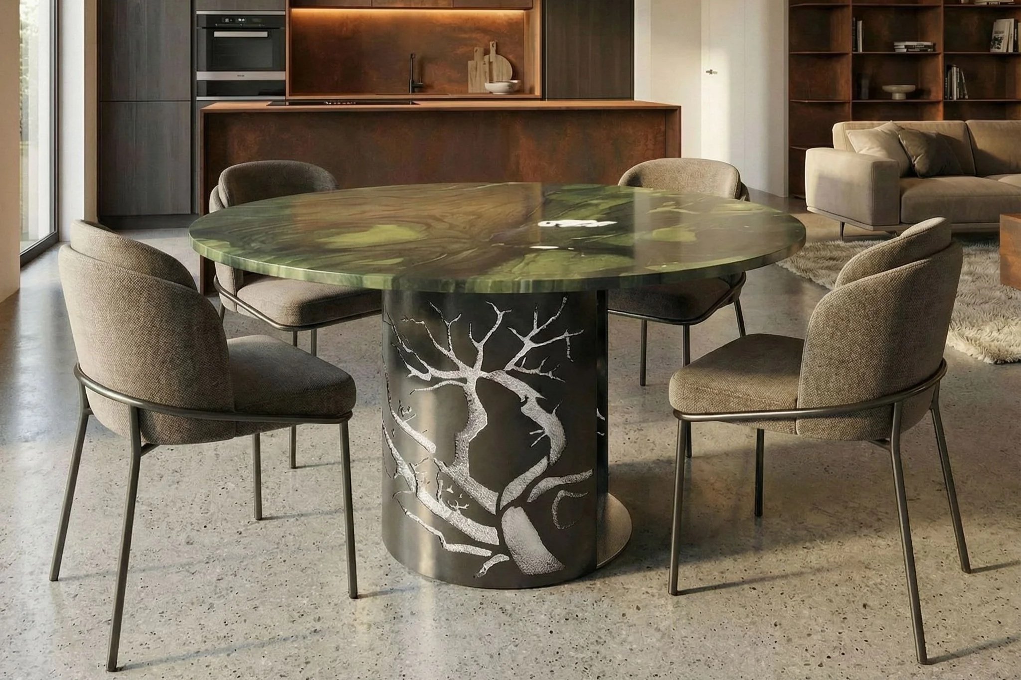 Una sala da pranzo moderna con un tavolo rotondo in marmo verde e sei sedie imbottite intorno. Sul tavolo si trova una base decorativa con un albero stilizzato in bianco e nero. Sullo sfondo, una zona living con divani beige, scaffali di legno e una parete con cucina incorporata.