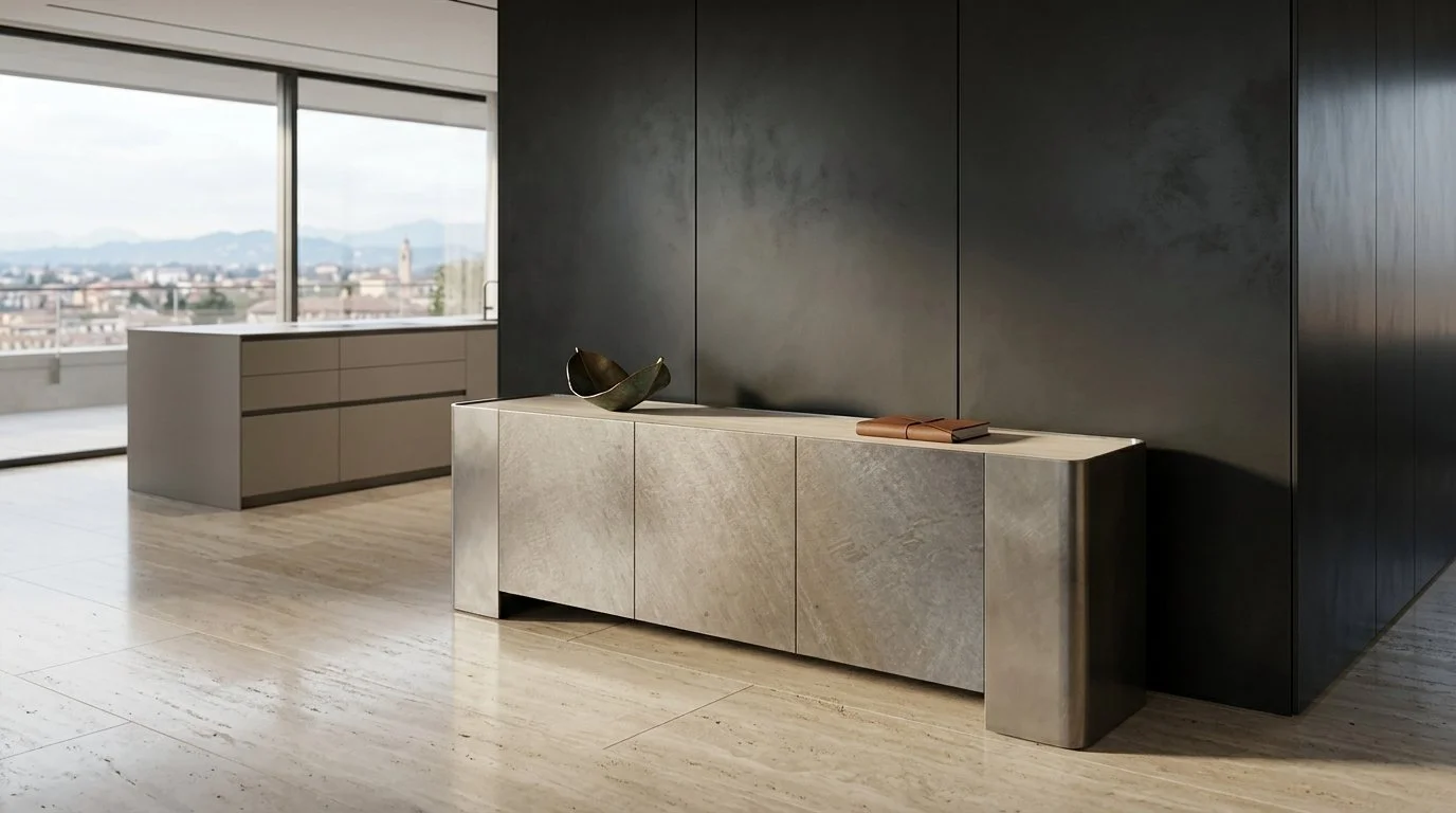 Interno moderno con mobili in pietra, grande finestra con vista sulla città e le montagne.