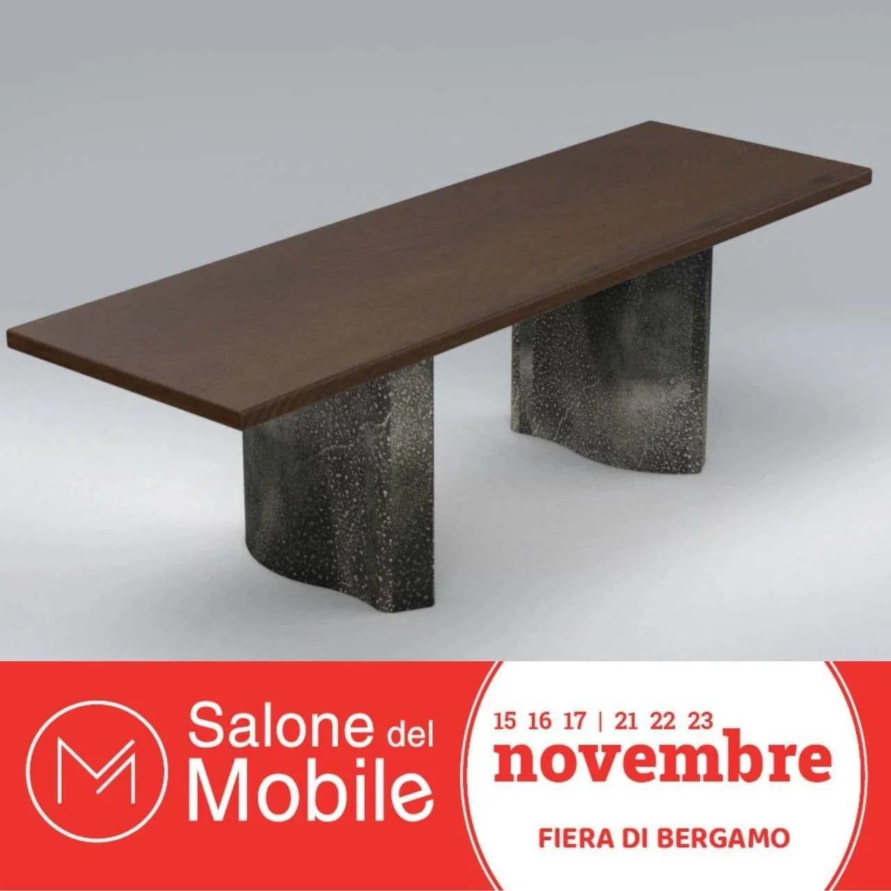 Una panchina moderna con seduta in legno marrone e due gambe in pietra grigia con decori dorati, posizionata su uno sfondo neutro.