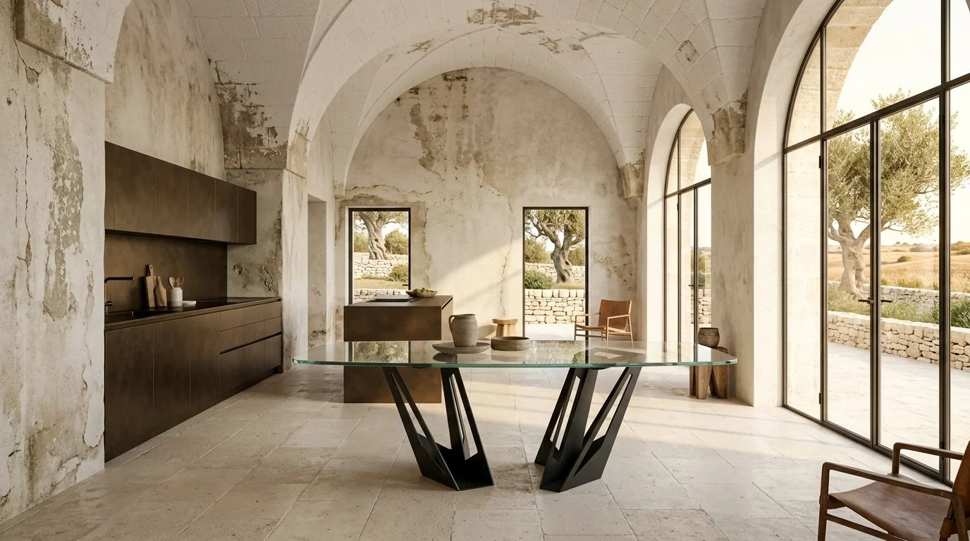 Tavolo moderno geometrico con base in metallo e piano in vetro all'interno di una villa masseria in Puglia