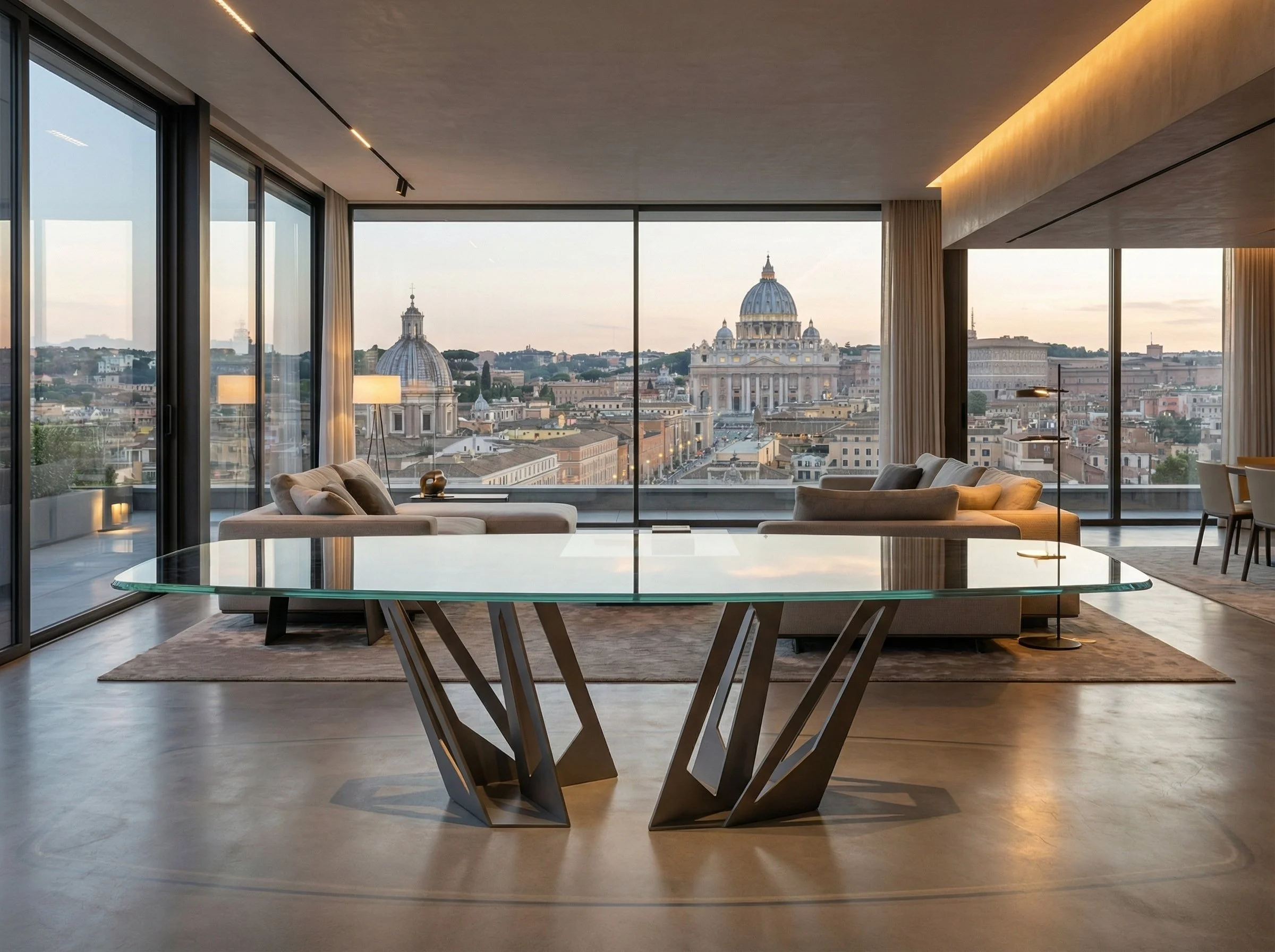 Interno moderno con ampie vetrate che offrono vista su una città, divani grigi, tavolo di vetro e arredamento elegante.