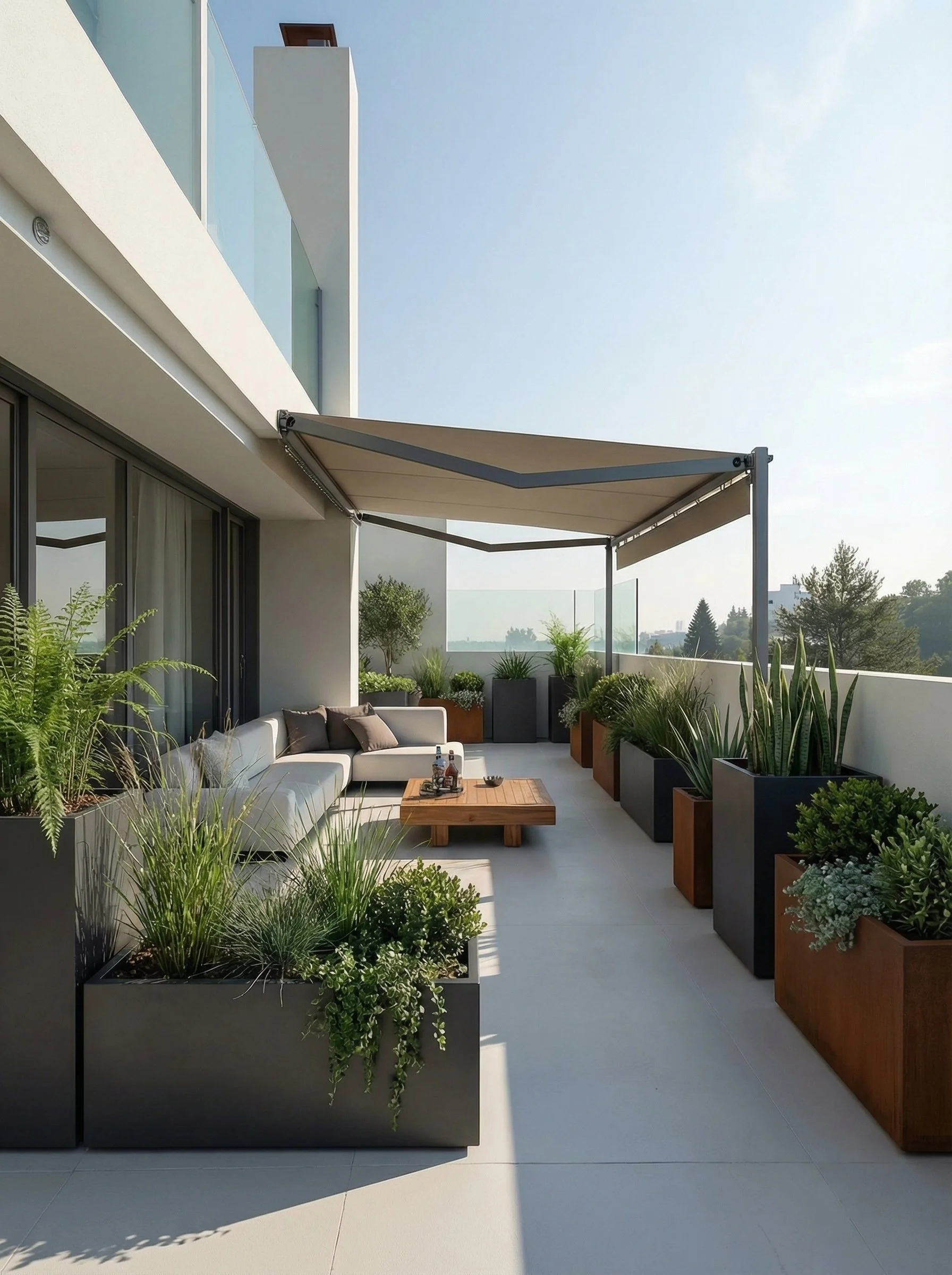 Balcone di un appartamento con divano, tavolino e molte piante in vasi di vari colori e dimensioni, nell'area esterna.