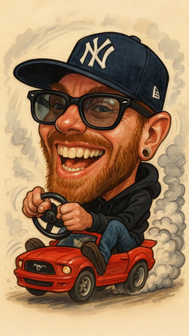 Caricature of Intalekz driving a red car