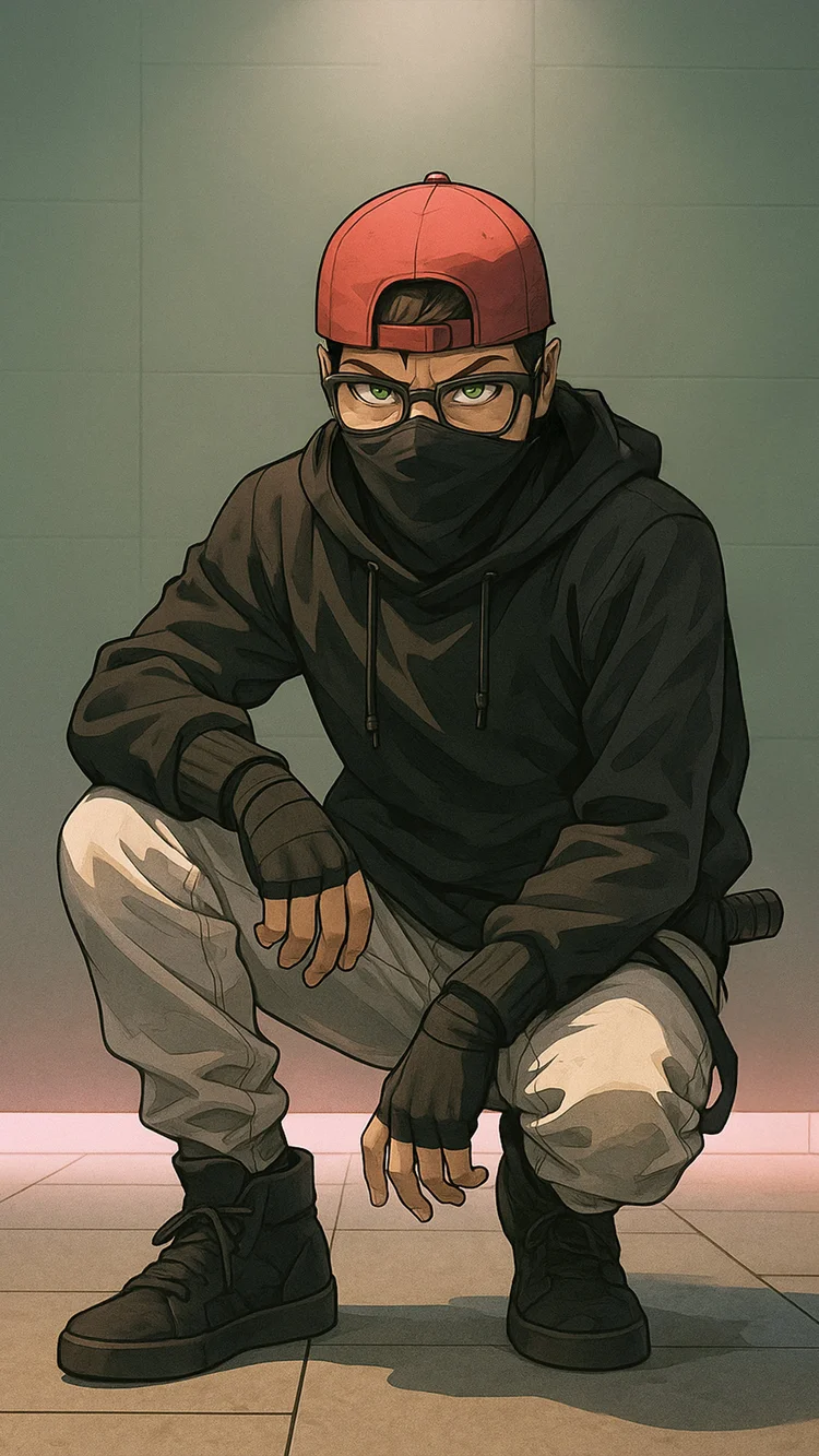 Intalekz illustrated in a red cap, mask and dark streetwear