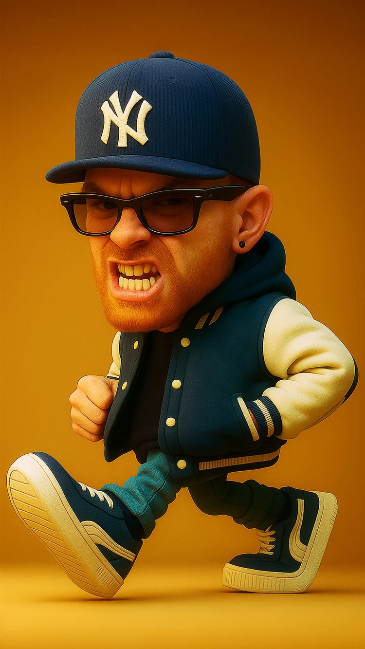 Chibi-style Intalekz in a navy varsity jacket against an orange background