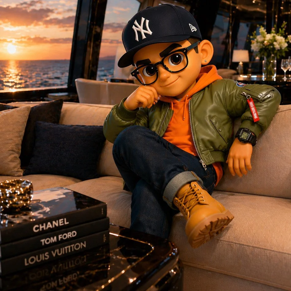Stylized Intalekz in a navy cap, glasses and green jacket seated on a sofa at sunset.