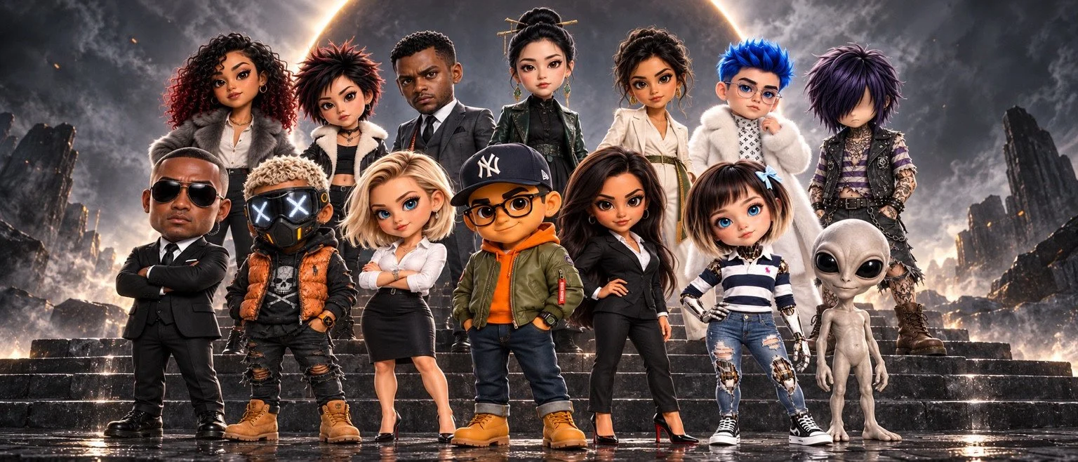 Stylized Lekz Jump cast gathered on stone steps beneath a glowing eclipse.