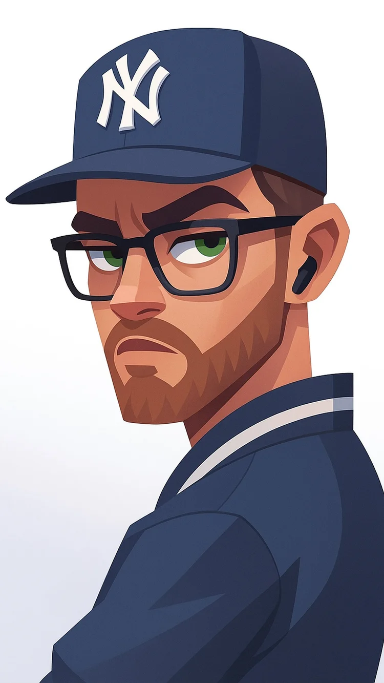 Illustrated portrait of Intalekz in glasses and a navy Yankees cap