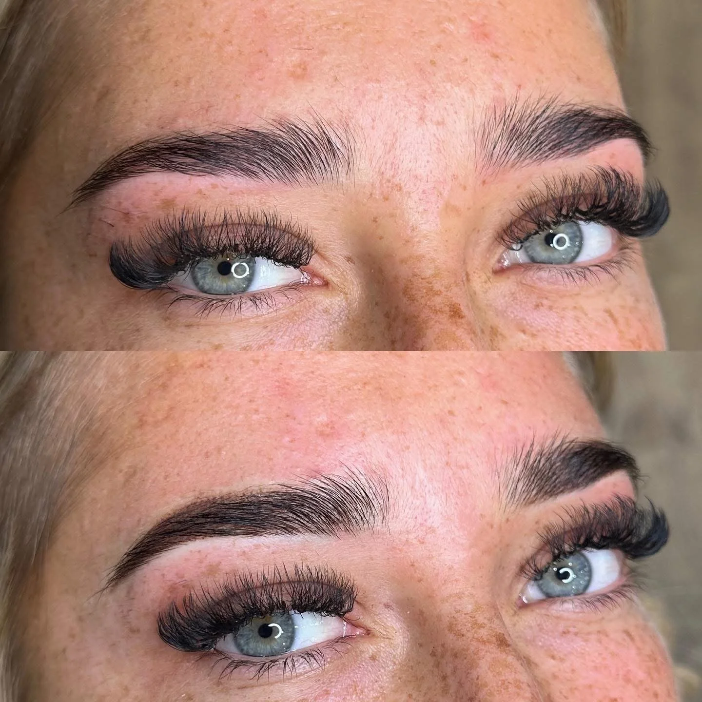 Comparison of person's eyebrows before and after microblading or eyebrow enhancement, showing fuller and more defined eyebrows in the after image.