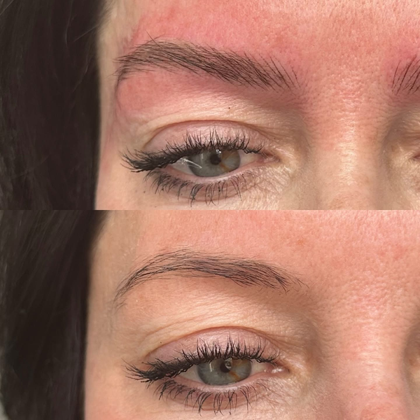 Close-up of a woman's eye, showing her natural eyebrow before and after eyebrow grooming or shaping.