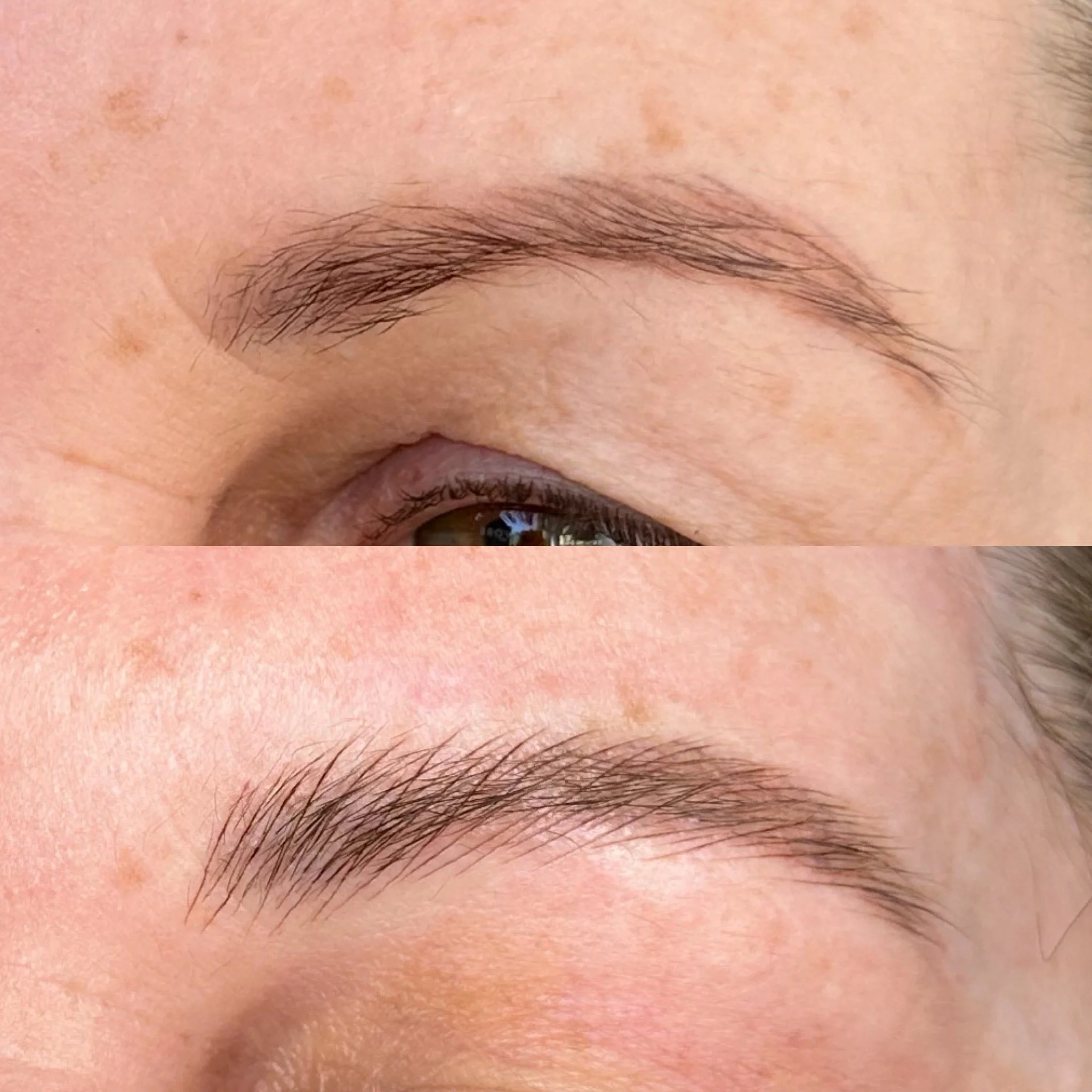 Comparison of eyebrows before and after grooming, showing a fuller and more defined look in the after image.