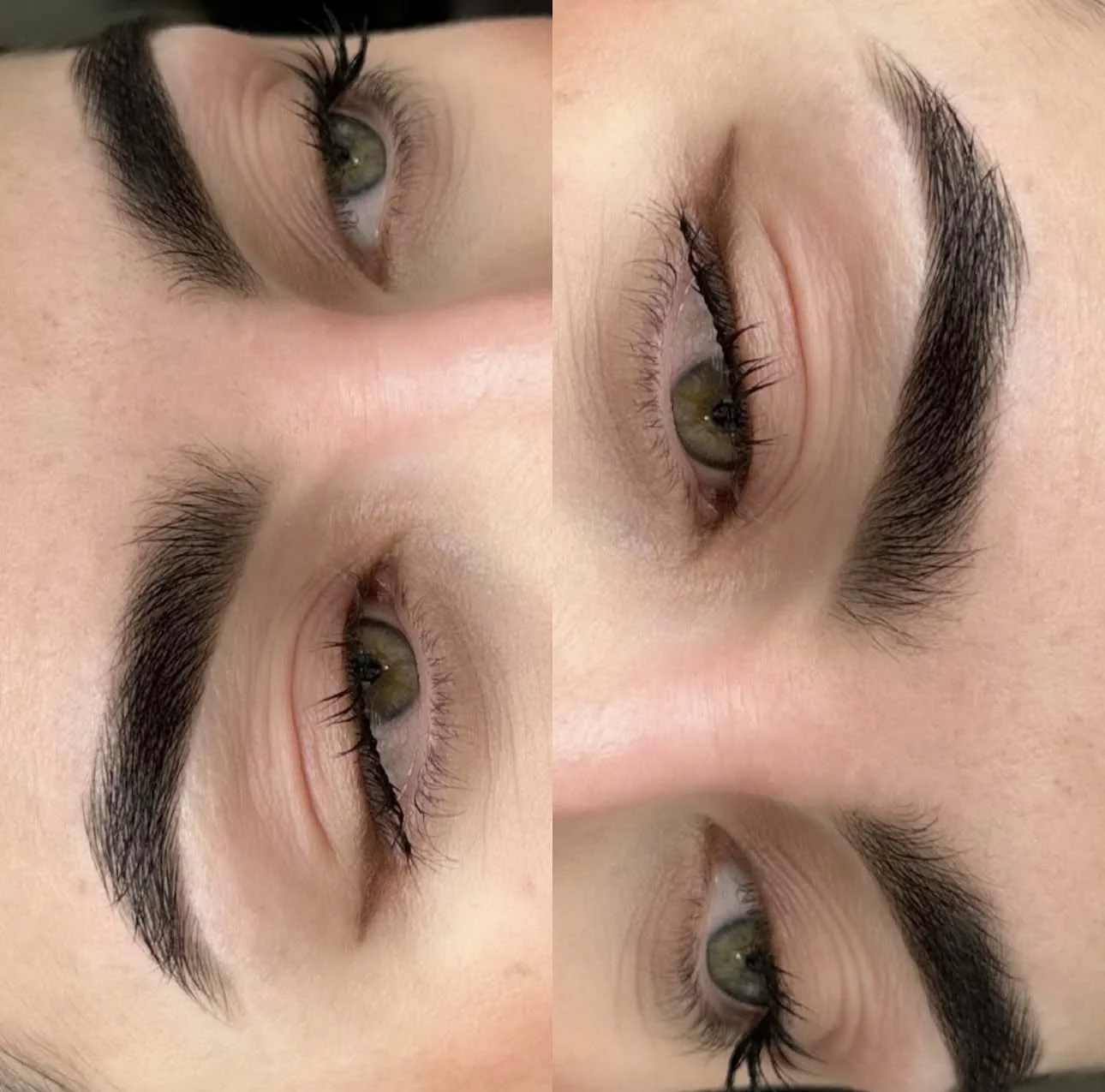 Close-up of a person's eyes and eyebrows in a collage of four views, showing well-groomed eyebrows and long eyelashes.