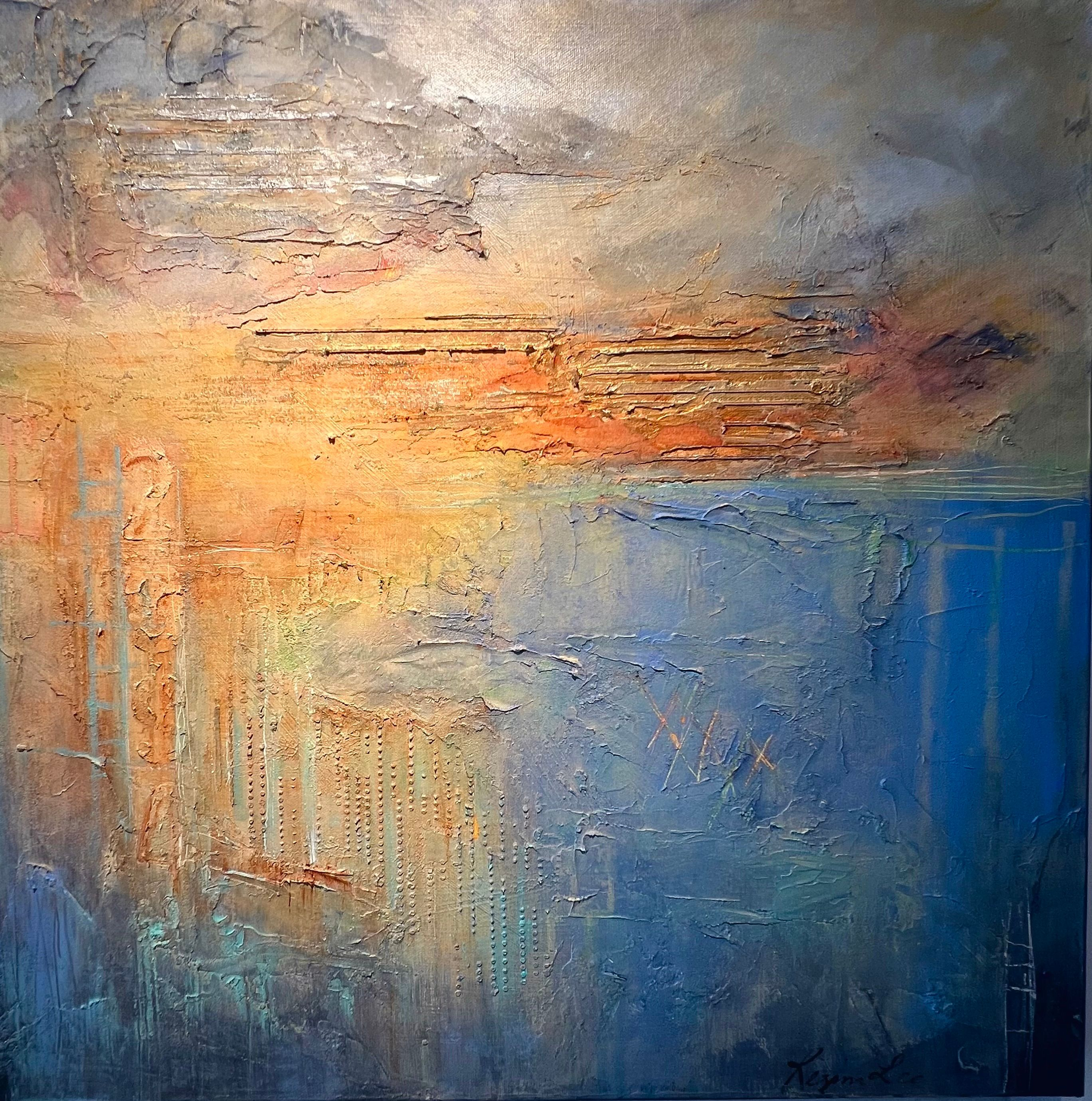 Abstract painting with textured layers of orange, yellow, blue, gray, and purple colors, featuring horizontal and vertical lines and patterns.