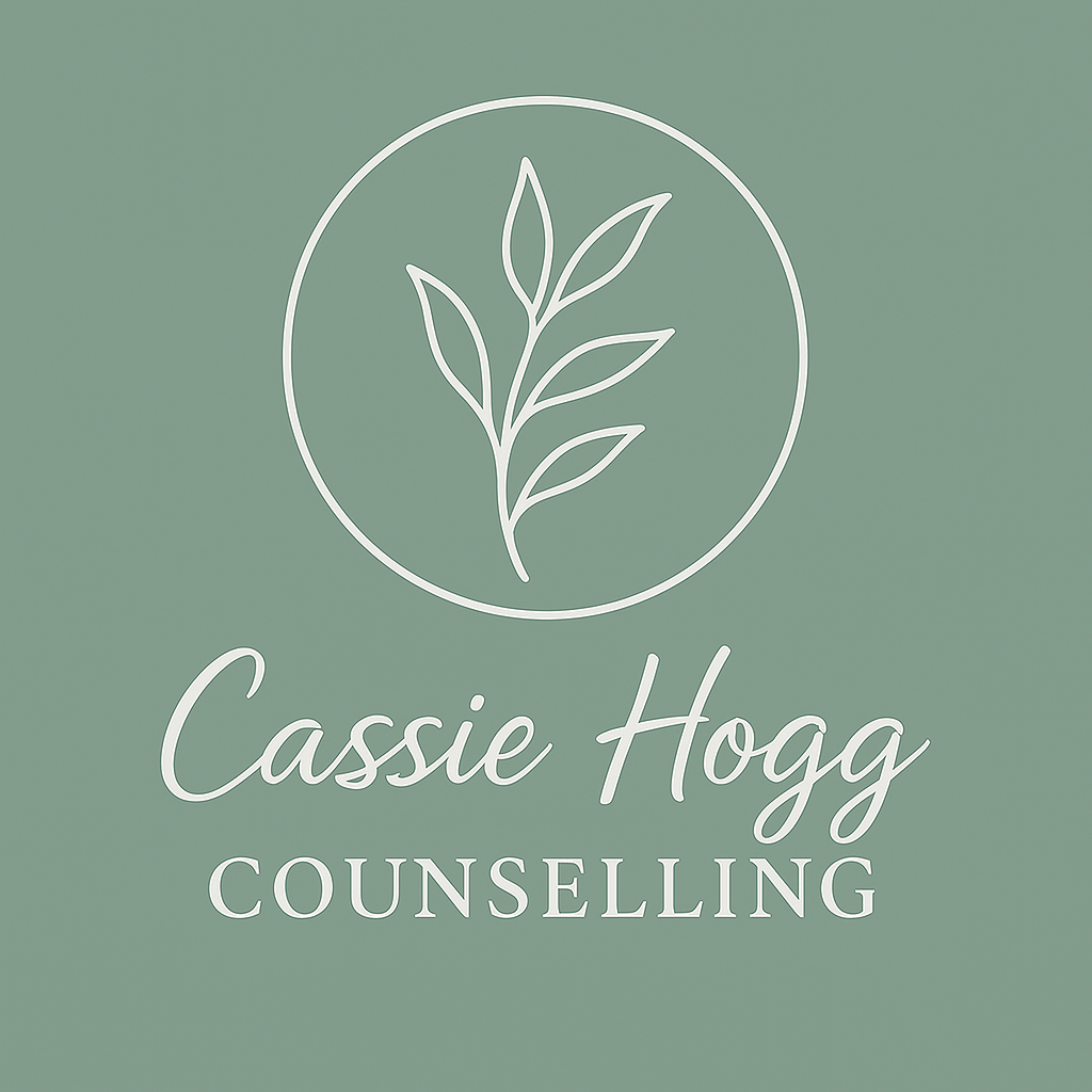 Sage green logo with cream writing which says Cassie Hogg Counselling sits underneath a leaf motif