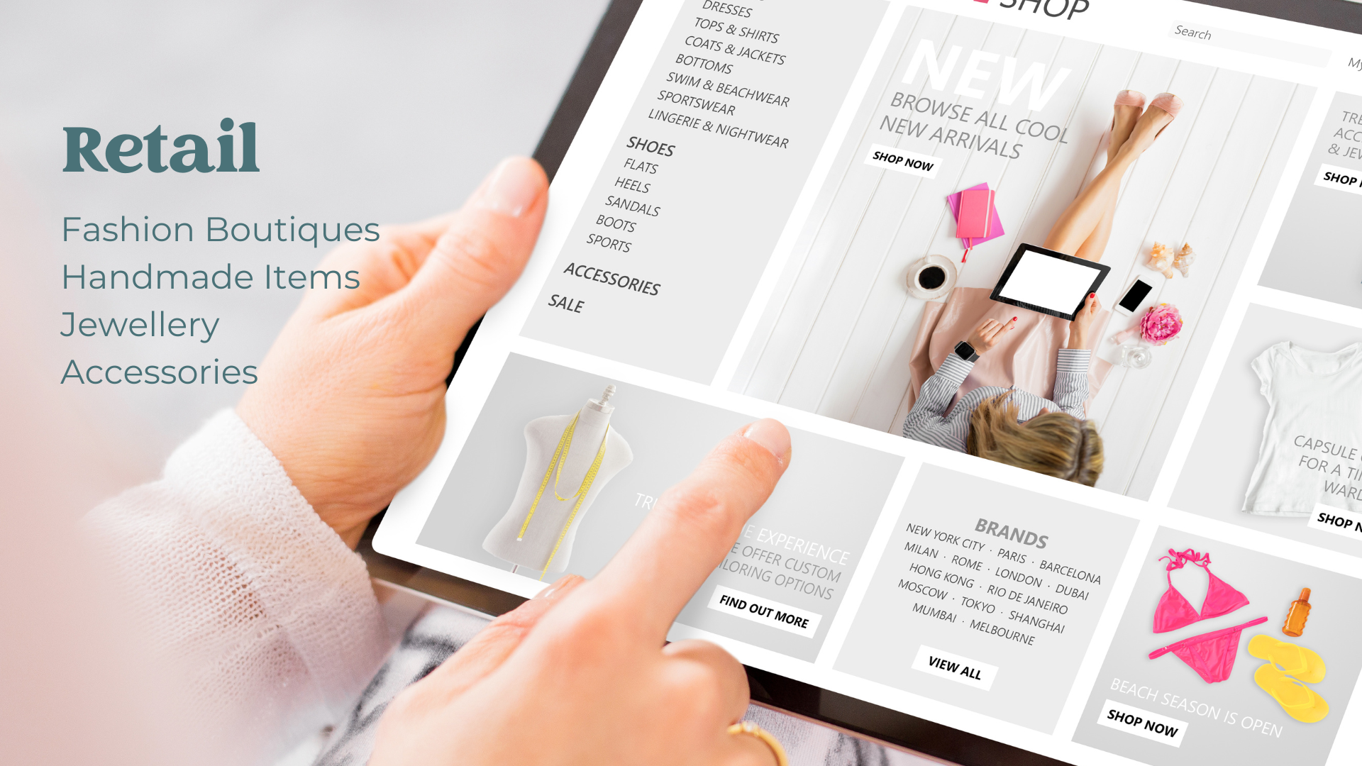 Person using a tablet to browse an online fashion retail store, featuring categories like dresses, shoes, accessories, and sale items, with images of various clothing and accessories displayed on the screen.