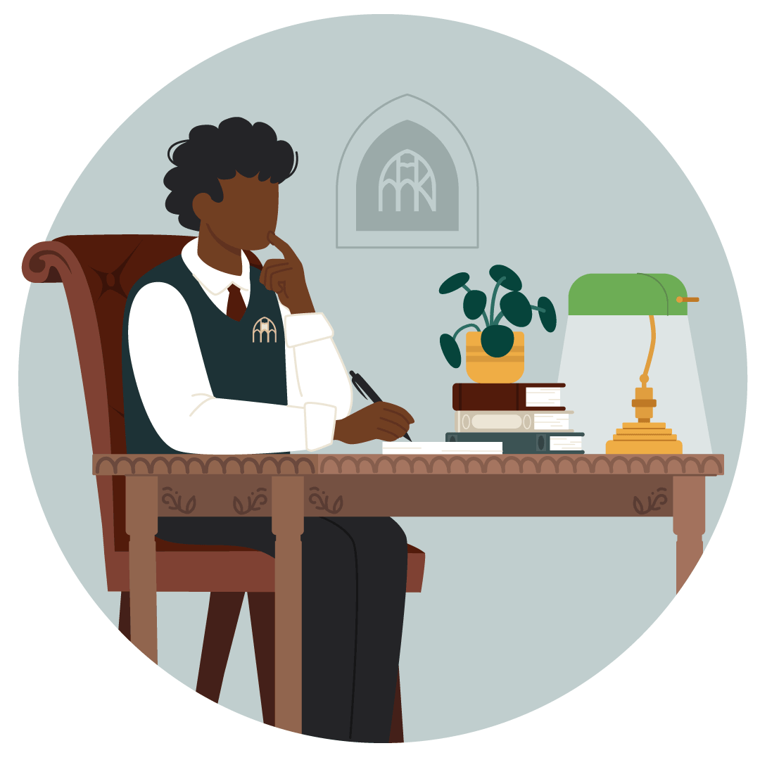 An illustrated person with dark curly hair sitting at a wooden desk, writing, in a room with a gray wall, a window, a potted plant, books, and a green desk lamp.