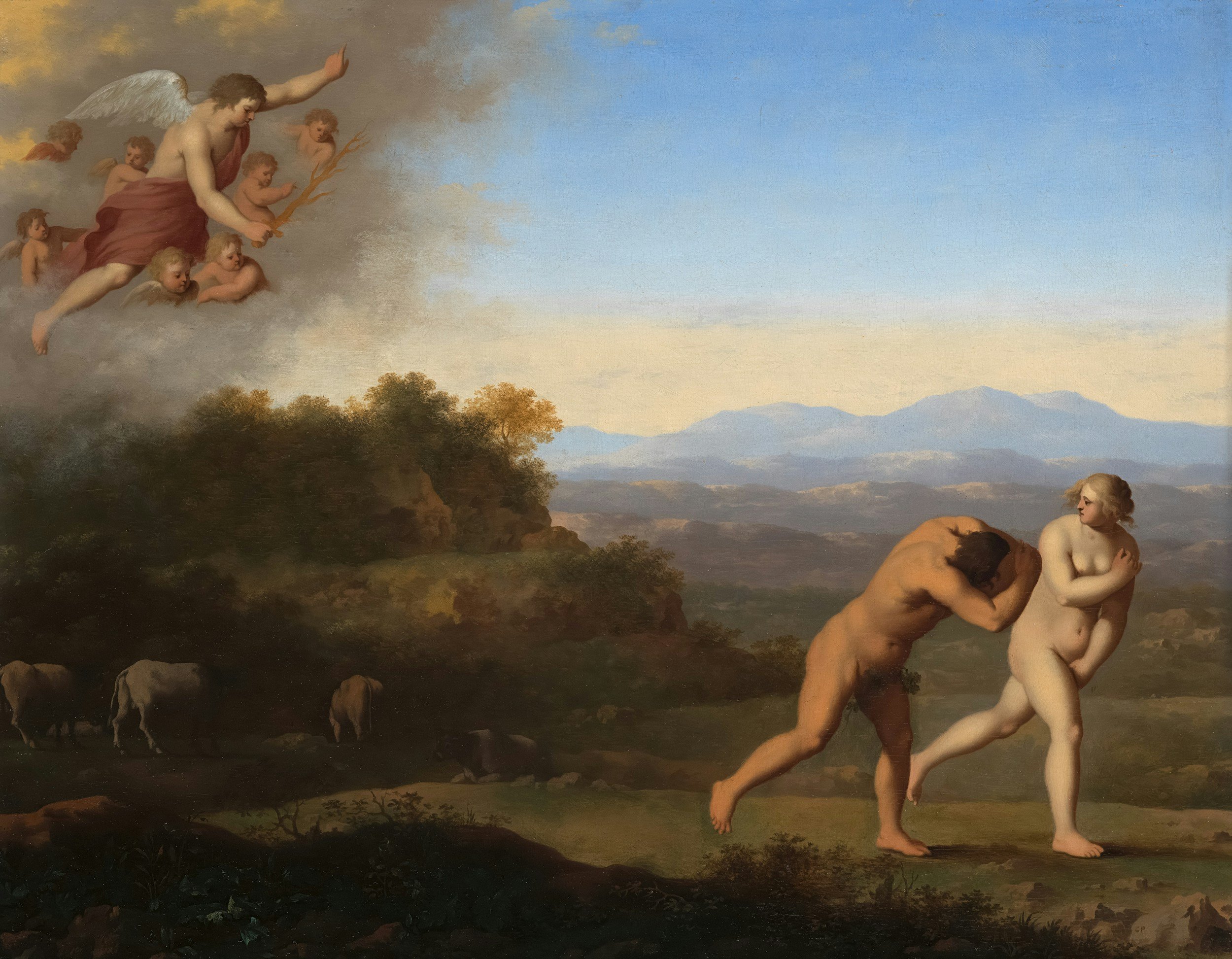 Painting of an angel with a flaming sword (in the top left corner), surrounded by cherubs and stormy clouds, chasing Adam and Eve away from Eden. Adam's head is bowed and his hand covers his face. Eve looks back at Eden as she walks away.