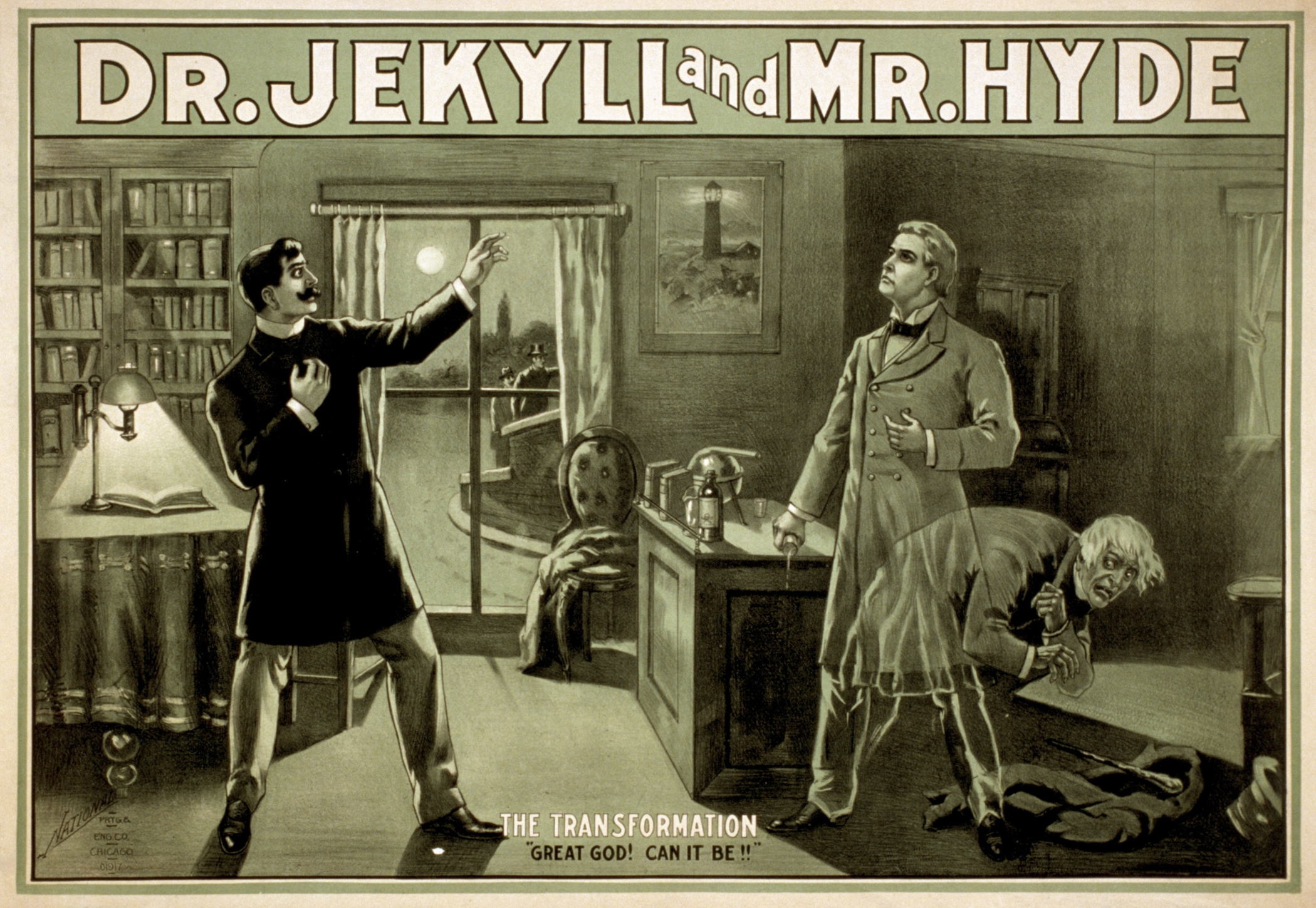 Vintage theatrical poster for Dr Jekyll and Mr Hyde showing a man gesturing dramatically while a hunched figure crouches nearby, captioned "The Transformation"