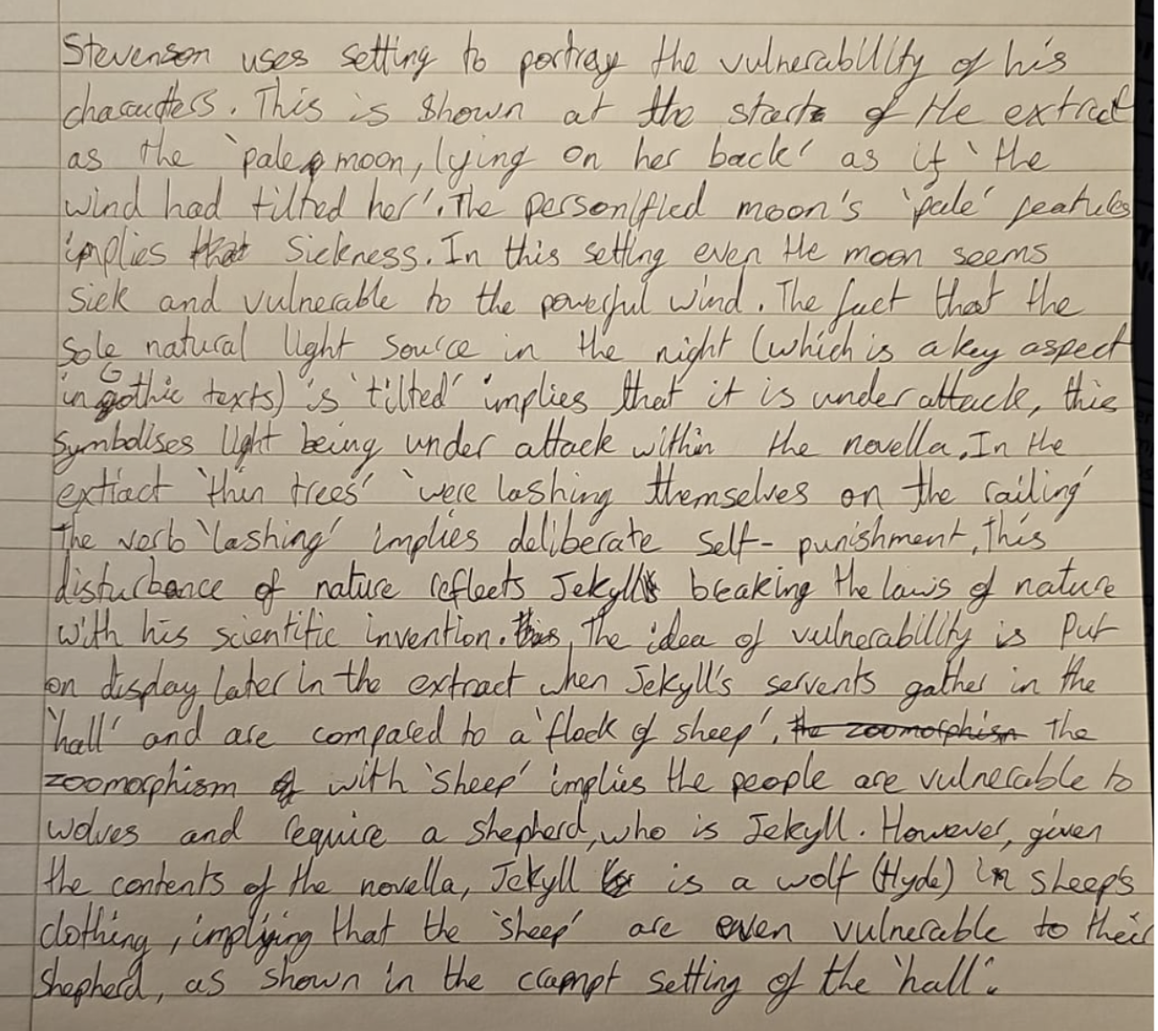 Picture of a handwritten student essay on Stevenson's use of setting in an AQA extract. Plain text version below.