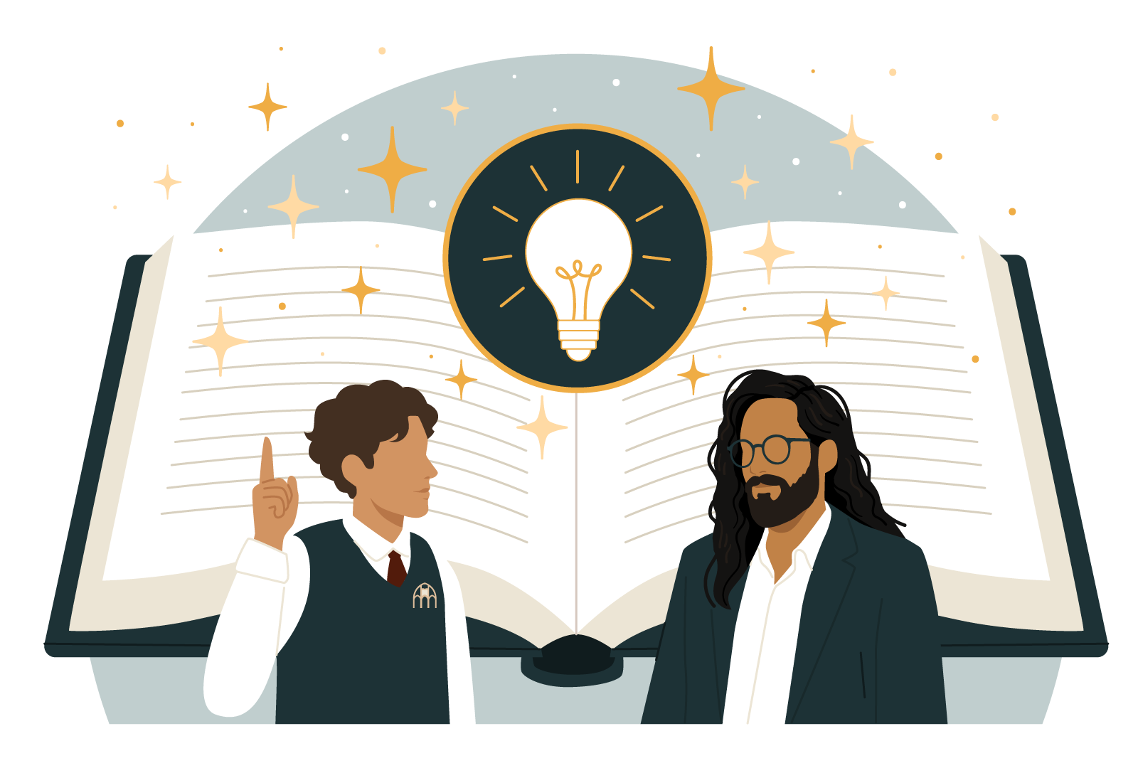 Illustration of a student and a teacher standing in front of an open book with a glowing lightbulb symbol in the center, surrounded by stars.