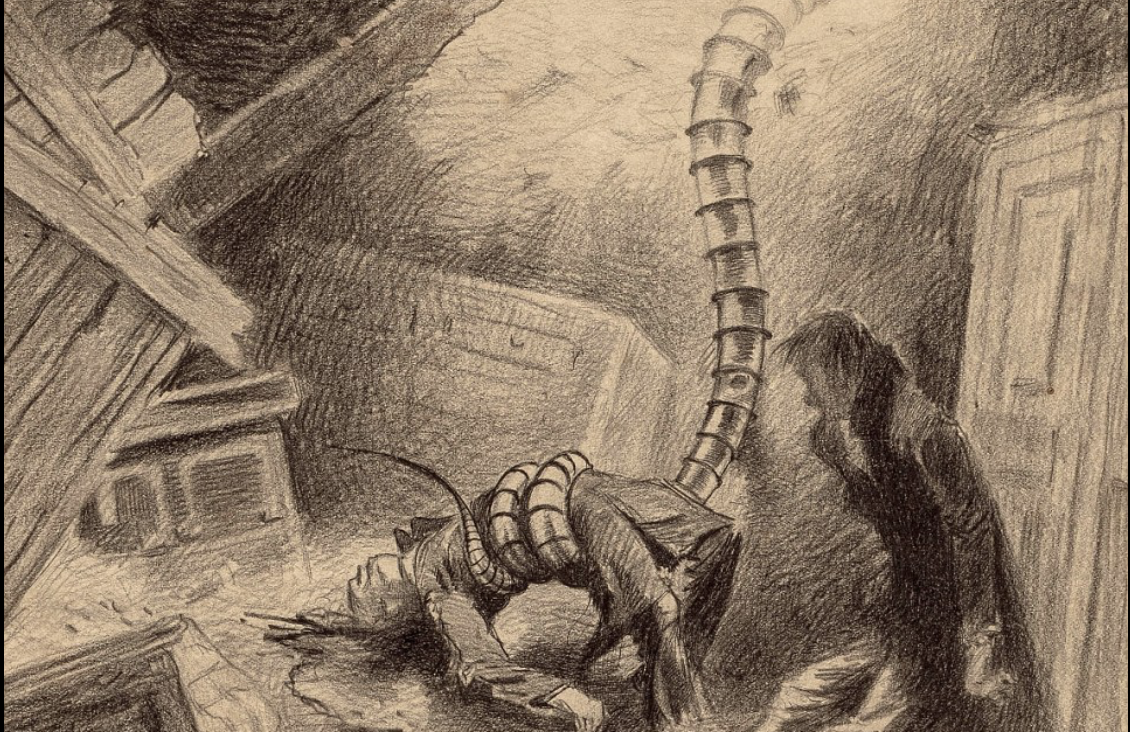 Sketch of a person on cream background being pulled away by a metal tentacle with rings around it, narrator stands observing this from the right hand side. Around them are household objects in disarray.