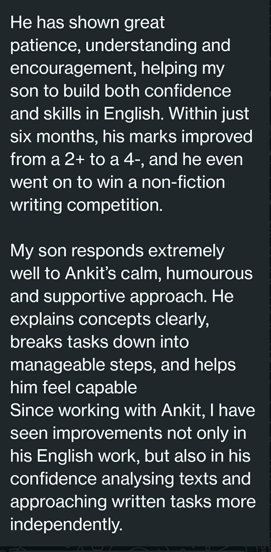 A Year 8's parent's WhatsApp message saying their son won a non-fiction writing competition and improved from a 2+ to a 4-