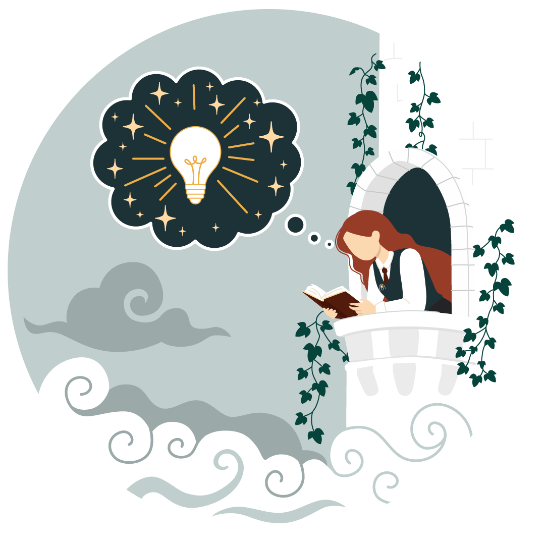 A woman with long brown hair, wearing a school uniform, leaning out of a castle window, reading a book. She is surrounded by clouds and ivy, with a thought bubble above her depicting a glowing light bulb surrounded by stars.
