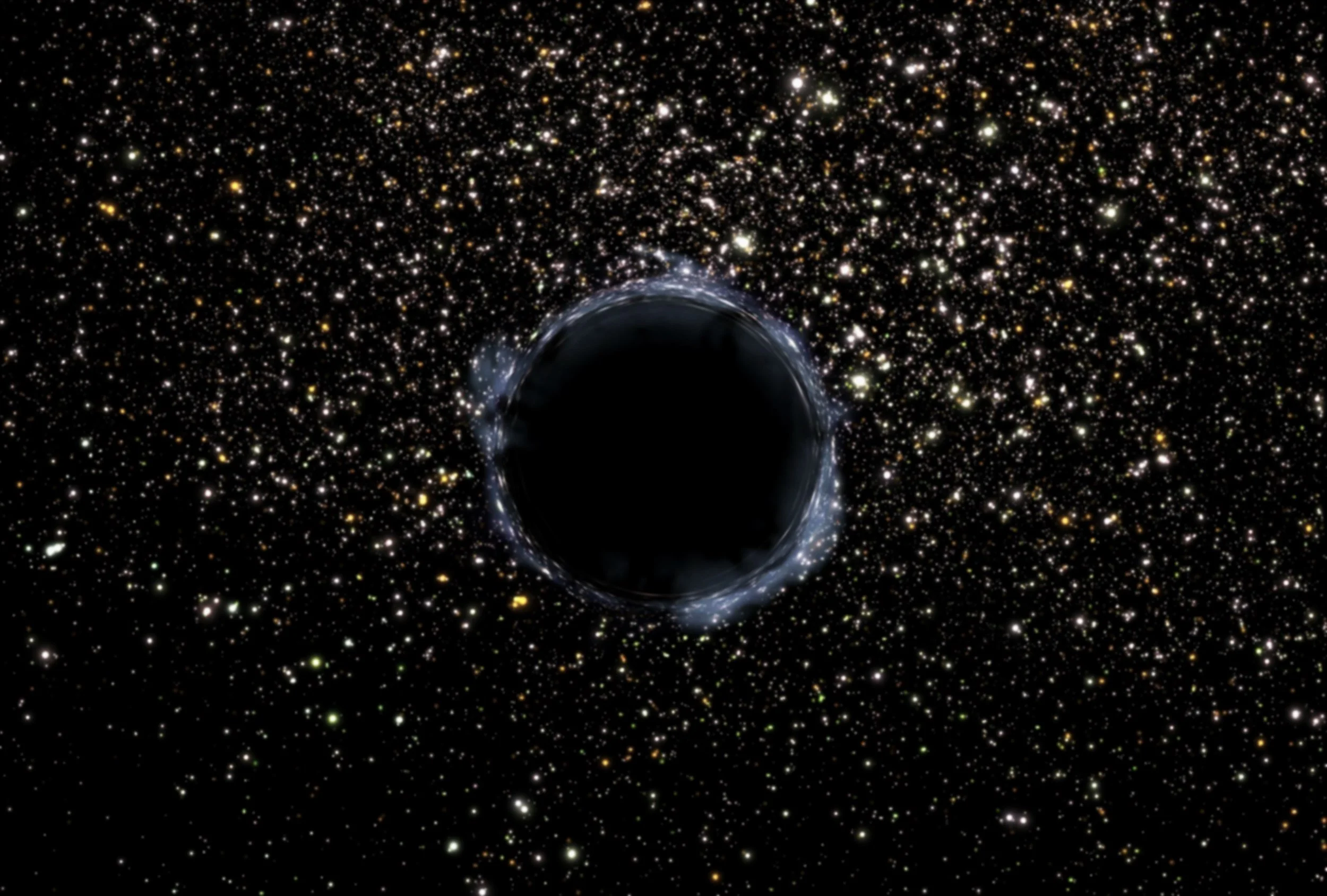 Black hole with a bluish rim on a field of gold stars
