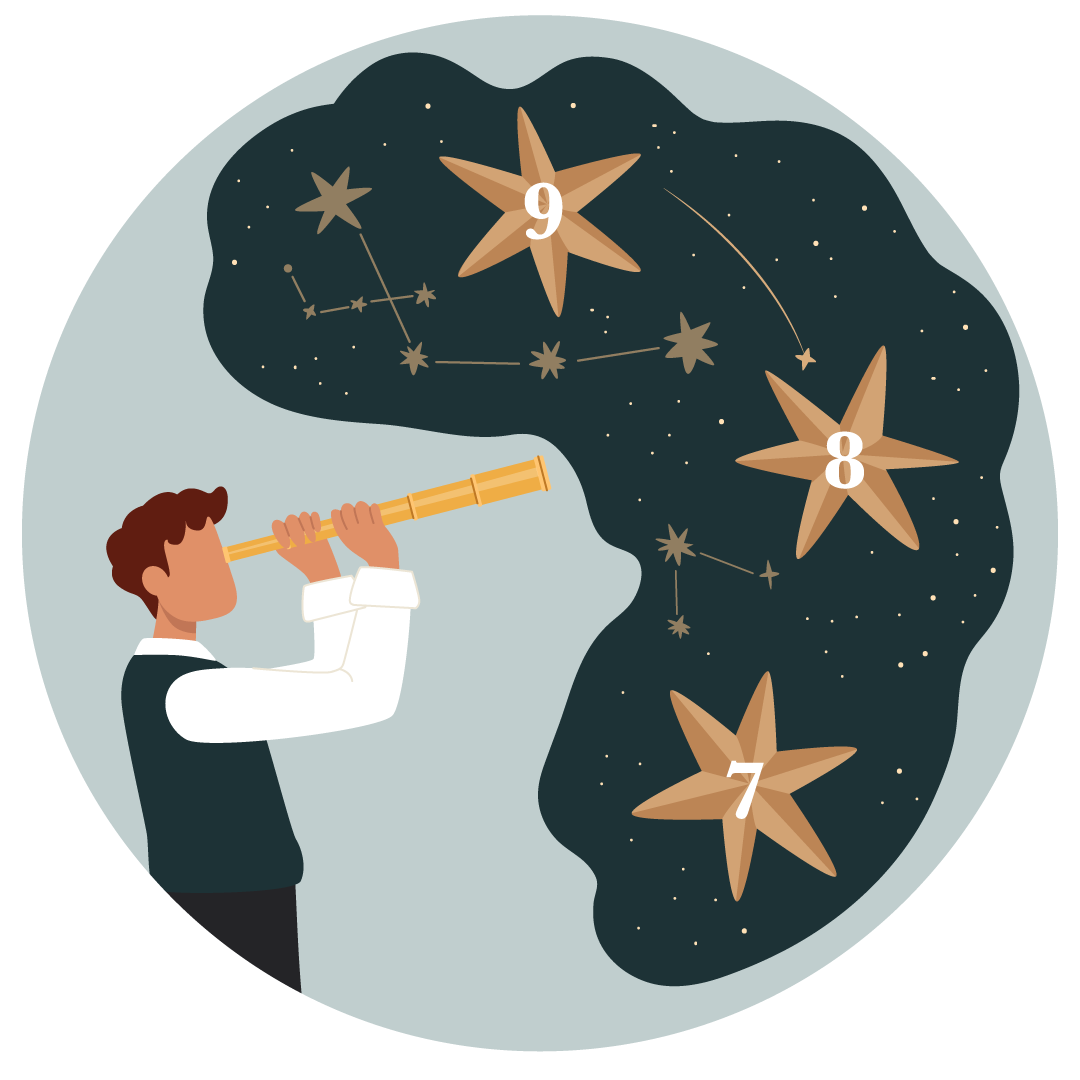 A student looks up at stars with  7, 8 and 9 in them through a golden telescope