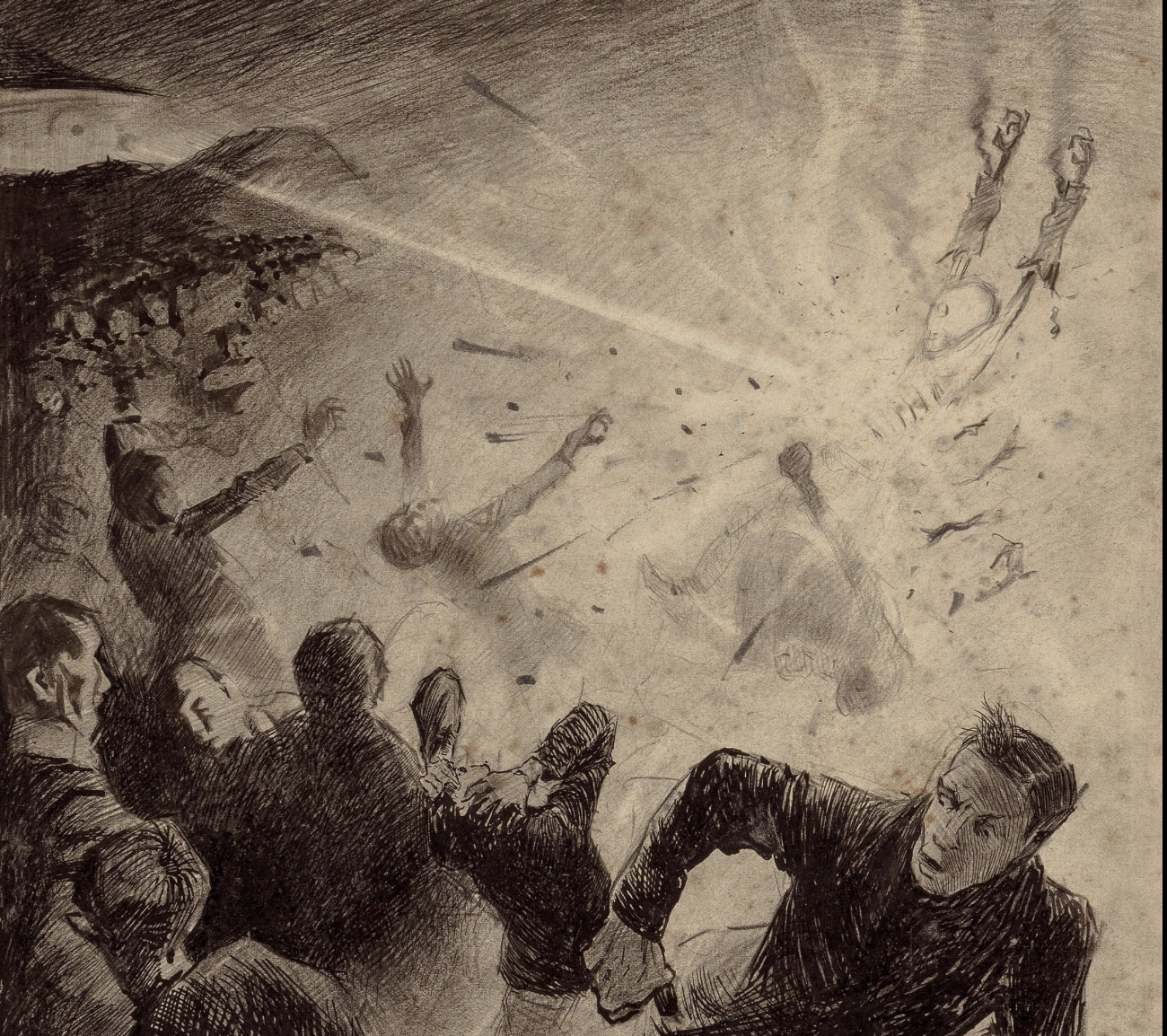 Depicts a Martian heat ray in the left corner direct a faint beam of light to people who are incinerated by it, flesh burning off bone so their skull is visible. People in the foreground run away.