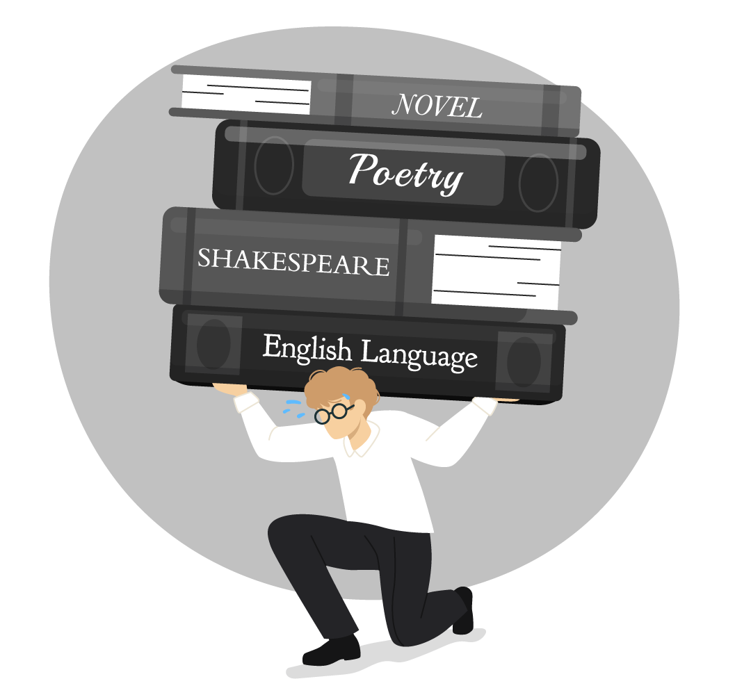 Illustration of a person holding large books labeled Novel, Poetry, Shakespeare, and English Language, with a worried expression and sweat on their face.