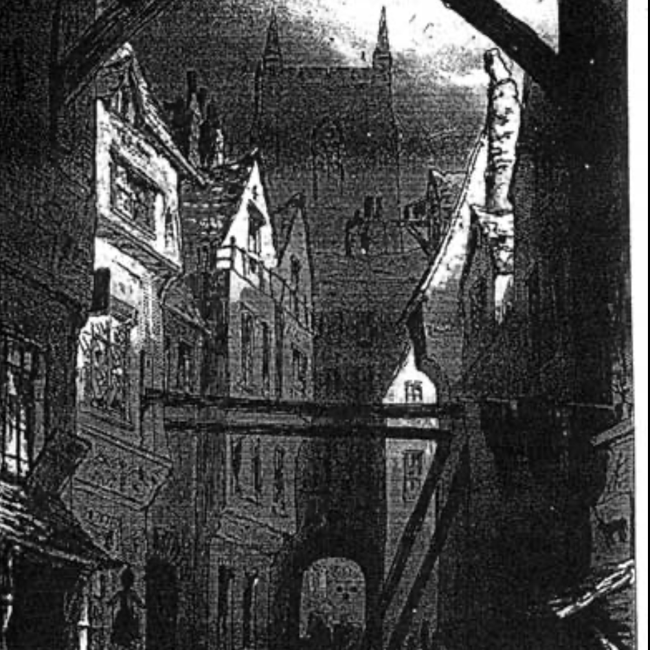 Dark Victorian engraving of a narrow lamplit street at night with looming Gothic spires and shadowed archways, evoking menace and urban decay