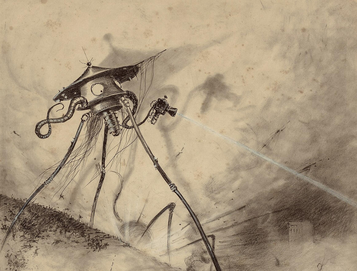 An illustration of a tentacled machine made from metal on spindly legs firing a pale blue beam of light from a gun like appendage. Its shadow appears on the smoke behind it.