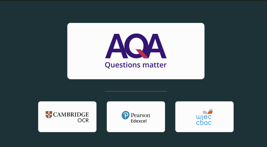 A collage of popular GCSE English exam boards on a dark teal background, with AQA's logo most prominently displayed as the most popular GCSE English board. Also features Cambridge OCR, Edexcel and WJEC's logos.