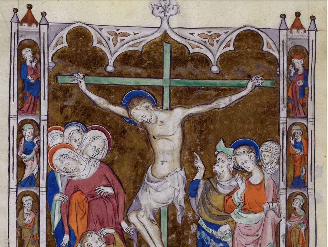 An image from a medieval manuscript of Christ on the cross, with a blue halo. To his sides are mourners.