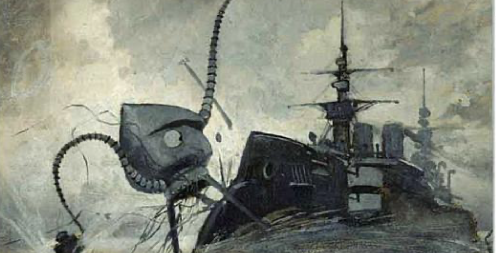 Painting of a grey tentacled machine with an eye looks at a ship to the left of it