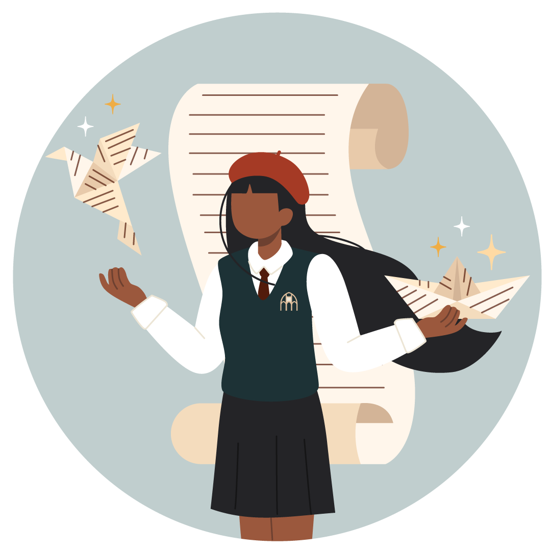 A girl in a school uniform with a skirt, white shirt, black vest, and red beret stands with a large scroll and paper airplanes, with floating stars around her, in front of a large scroll.