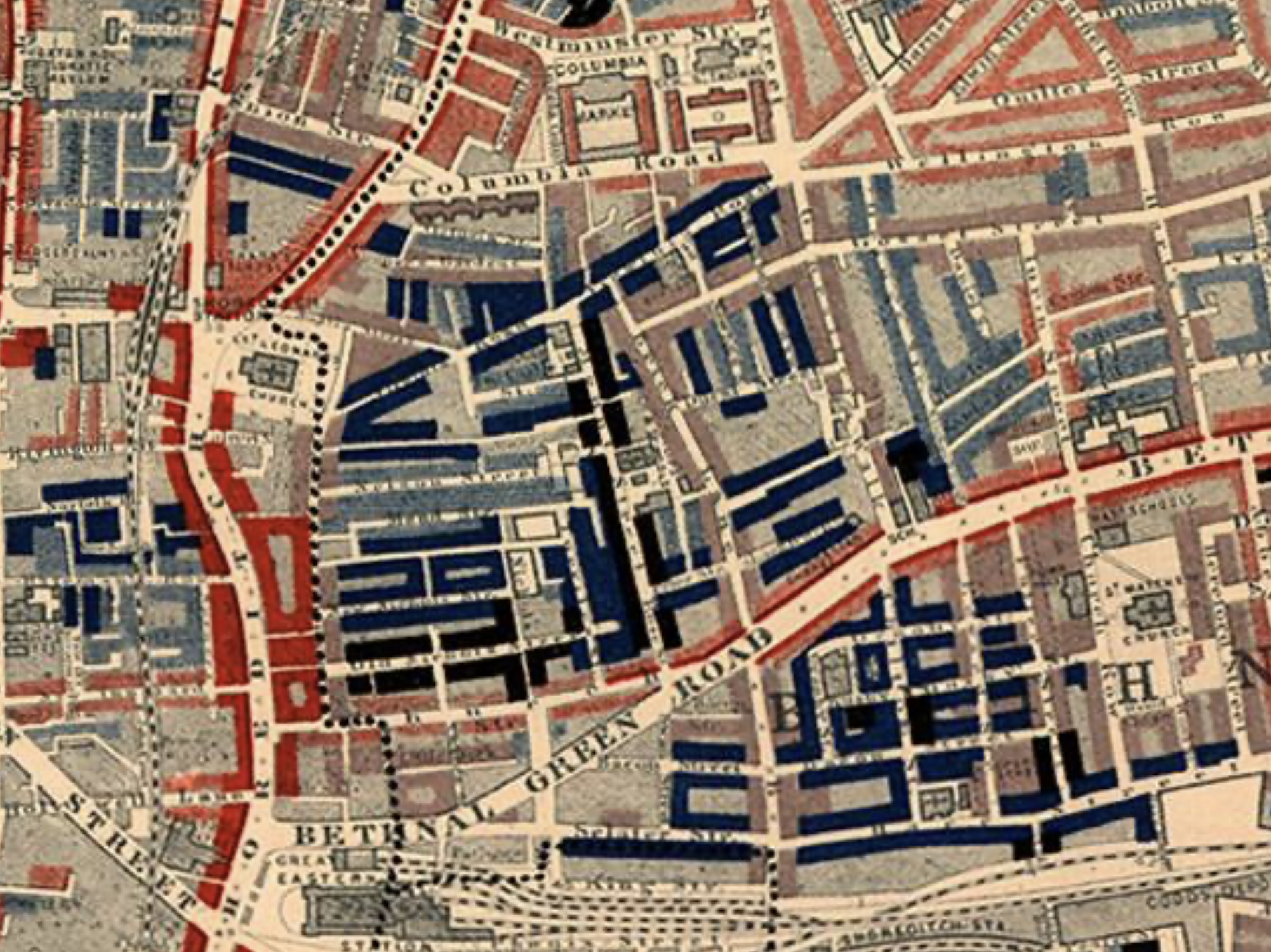 poverty map of Victorian London showing streets colour-coded from black for the most deprived to red for wealthy areas, including Bethnal Green Road