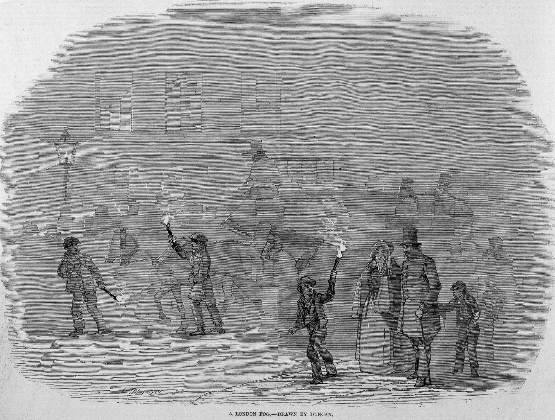 Victorian engraving titled A London Fog showing figures carrying torches through thick smog on a crowded street with horses and carriages barely visible behind them