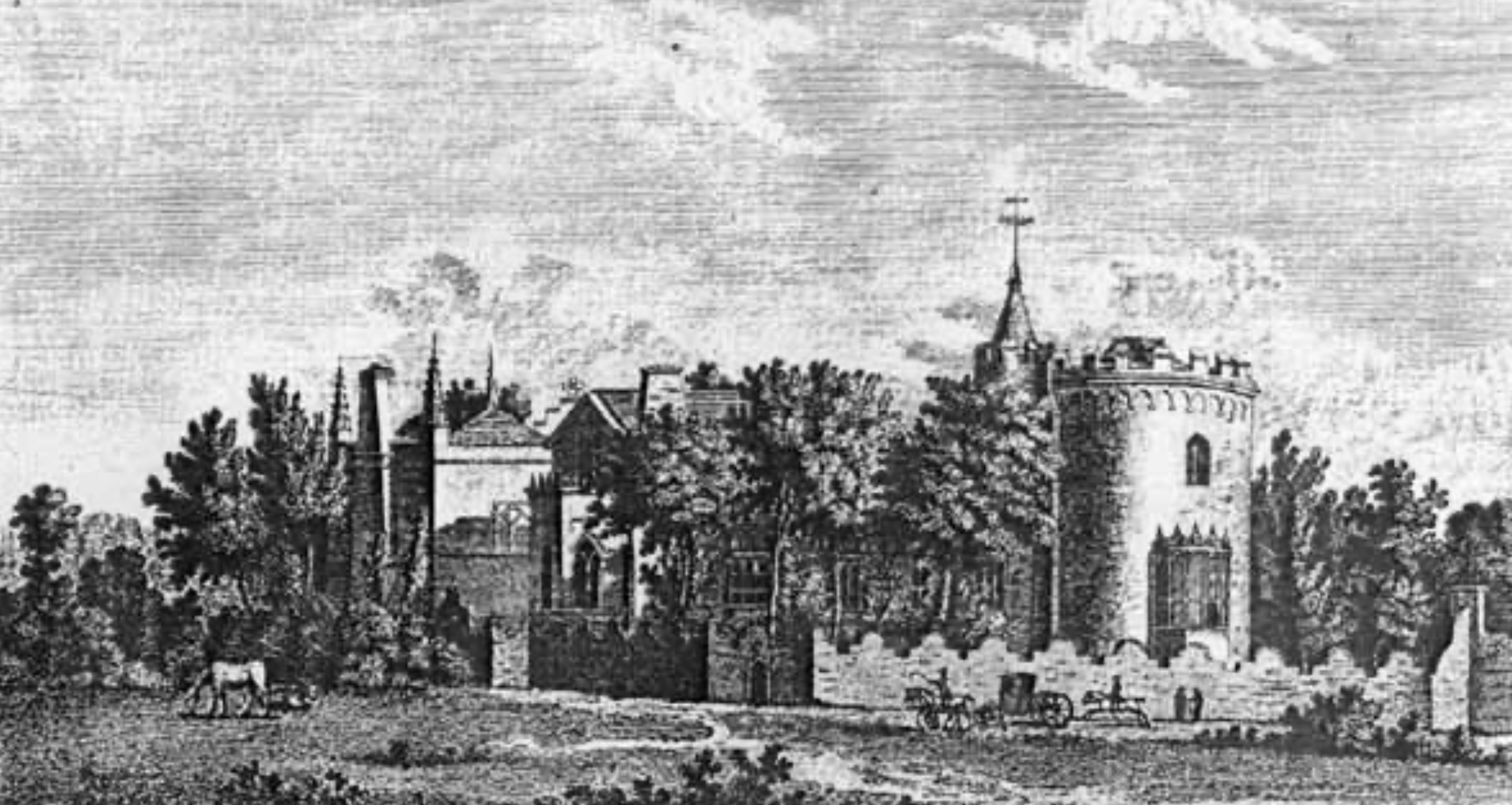 Black and white engraving of a Victorian Gothic building with a round tower and battlements, partially obscured by trees, with figures and a horse in the foreground