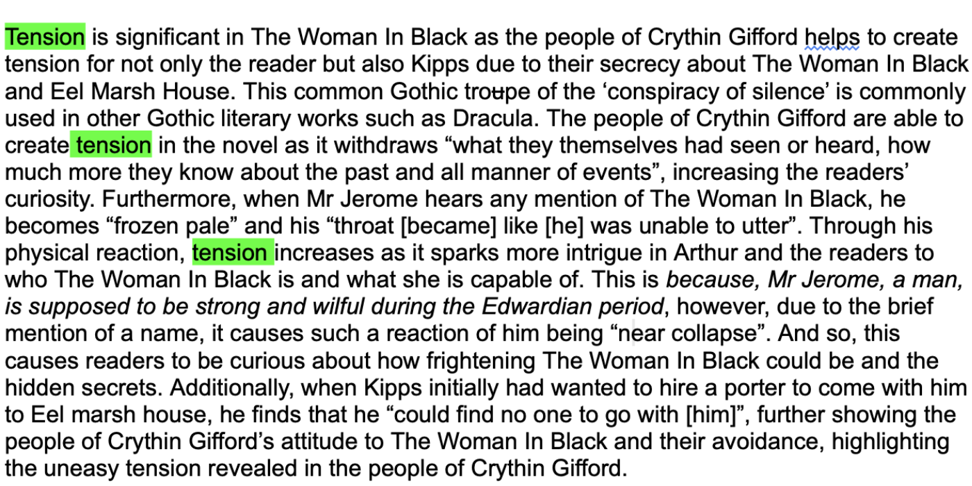 A google document screenshot of a student's essay on the Woman in Black where the key word of the question is highlighted in green ('tension'). The word stops appearing half way through.