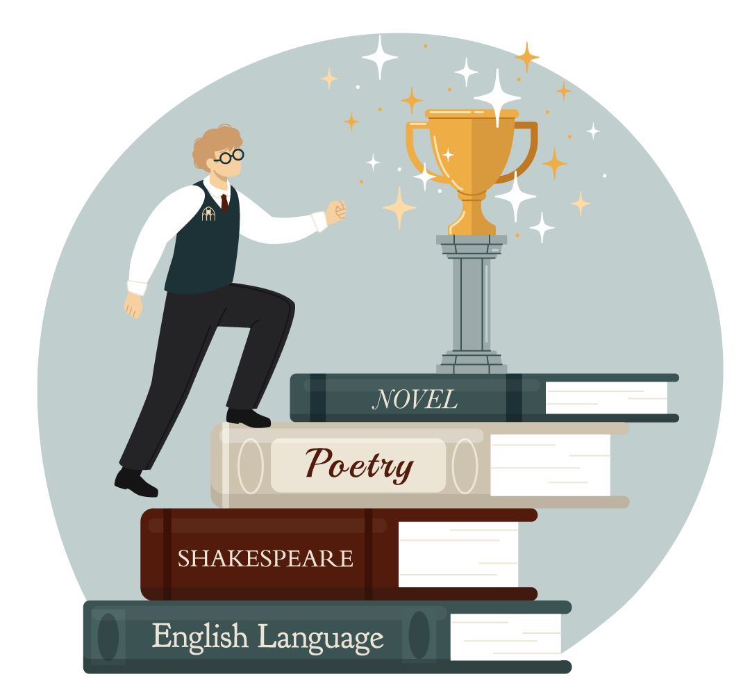A person standing on a stack of books labeled "English Language", "Shakespeare", "Poetry", and "Novel" reaches for a gold trophy surrounded by sparkles, symbolizing achievement in literature.