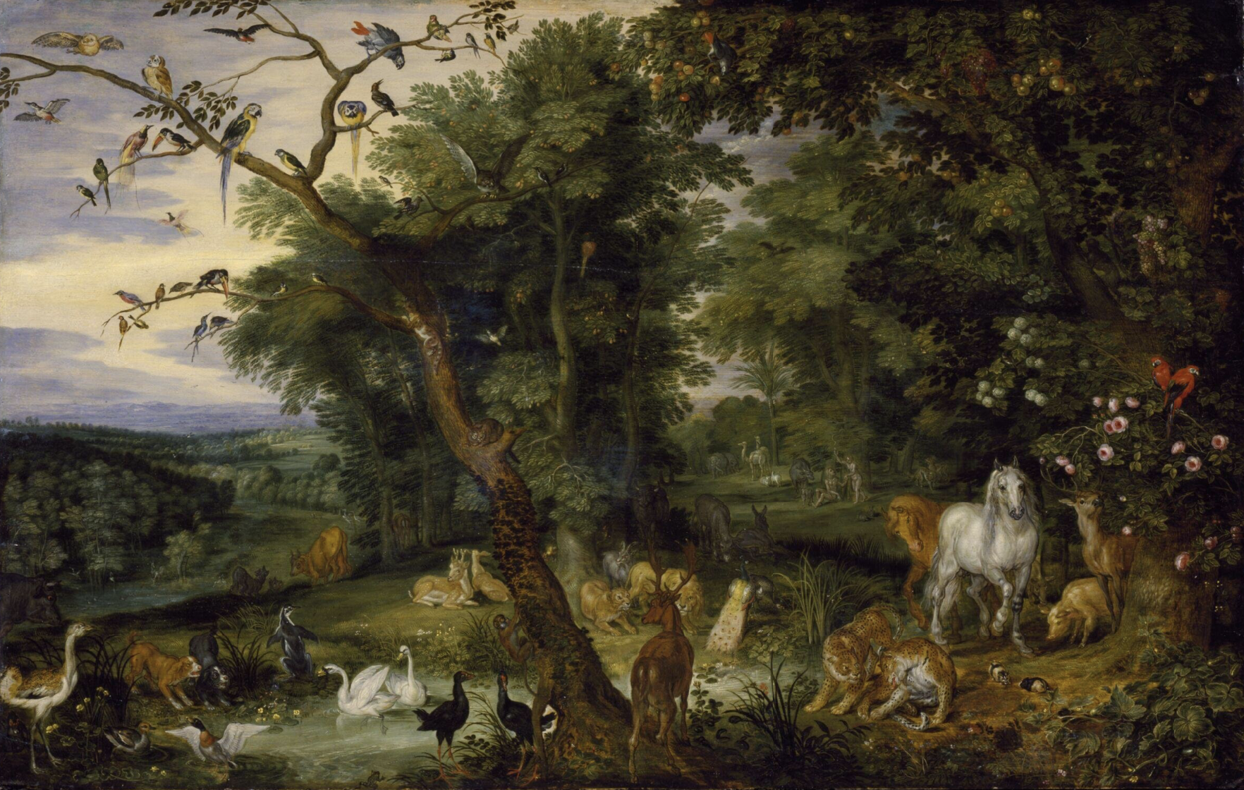 A painting depicting the Garden of Eden, with a tree on the left which is full of exotic birds, and various other animals on the ground like a white horse, tigers, deer, a pig, and swans. Lots of greens and blues.