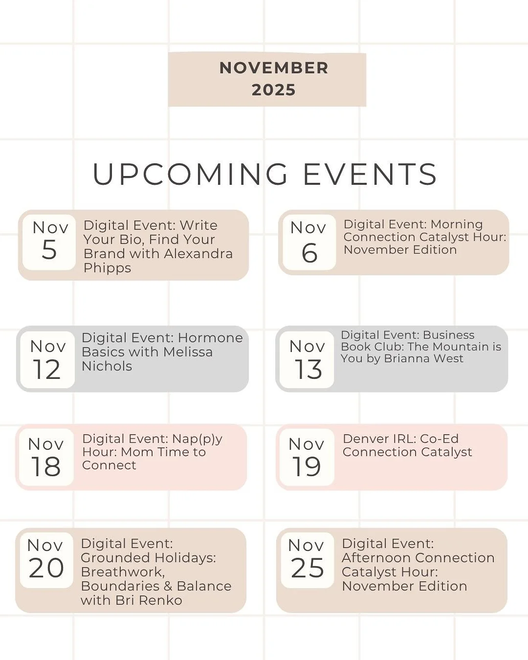 Our November lineup of events is not to be missed! 

Remember your first event is free! Use code FirstTimer at checkout.