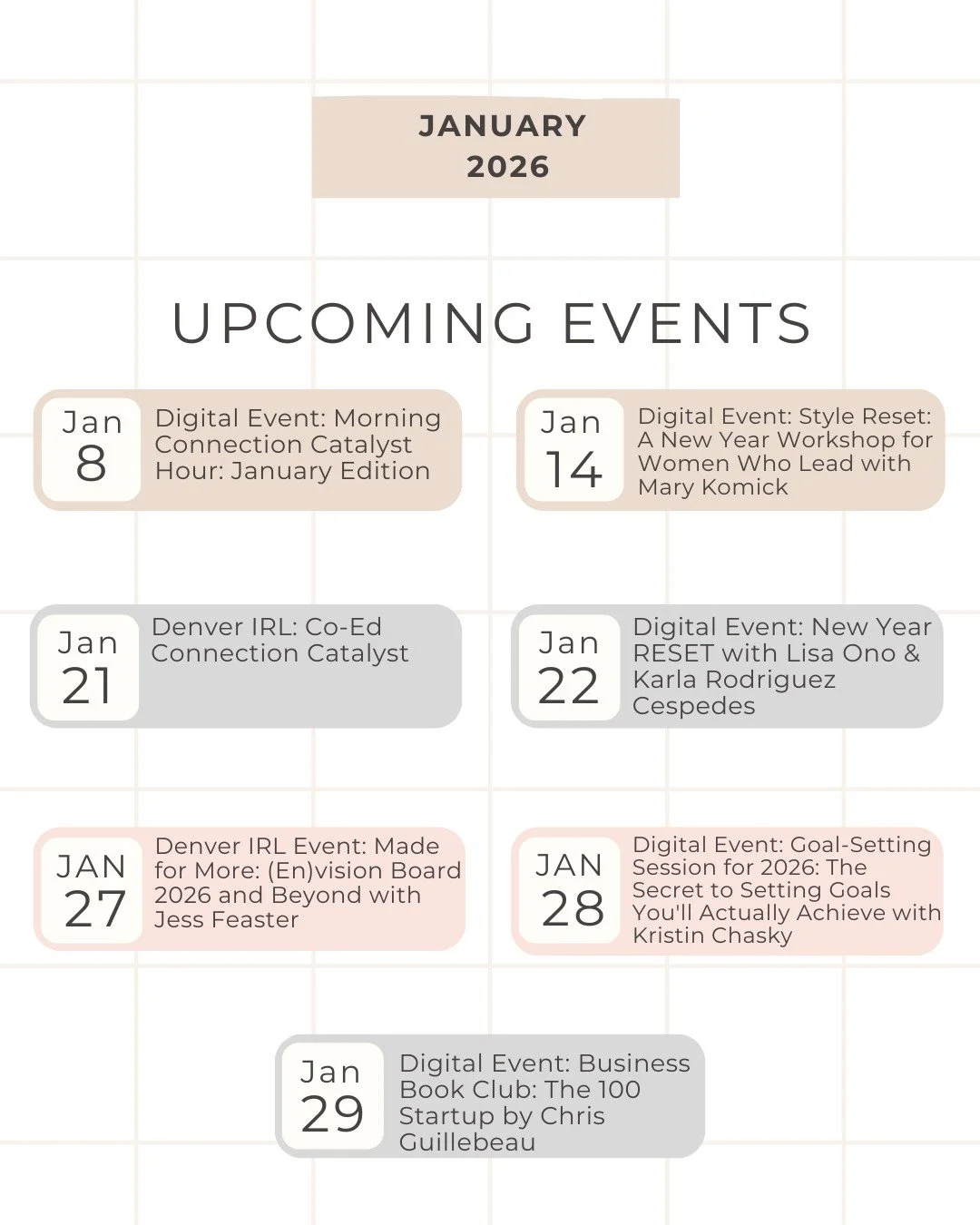 Our January lineup of events is not to be missed!

Remember your first event is free! Use code FirstTimer at checkout.