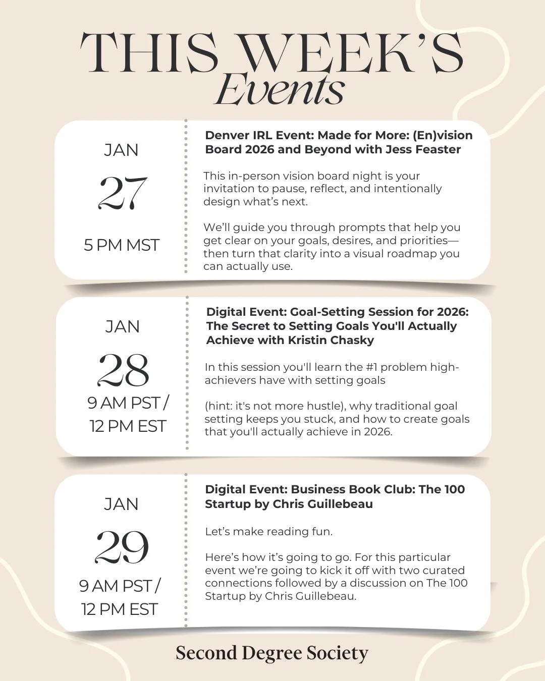 This week's event lineup is here, and you won't want to miss these ones. 

Remember, your first event is free! Use code FirstTimer at checkout.